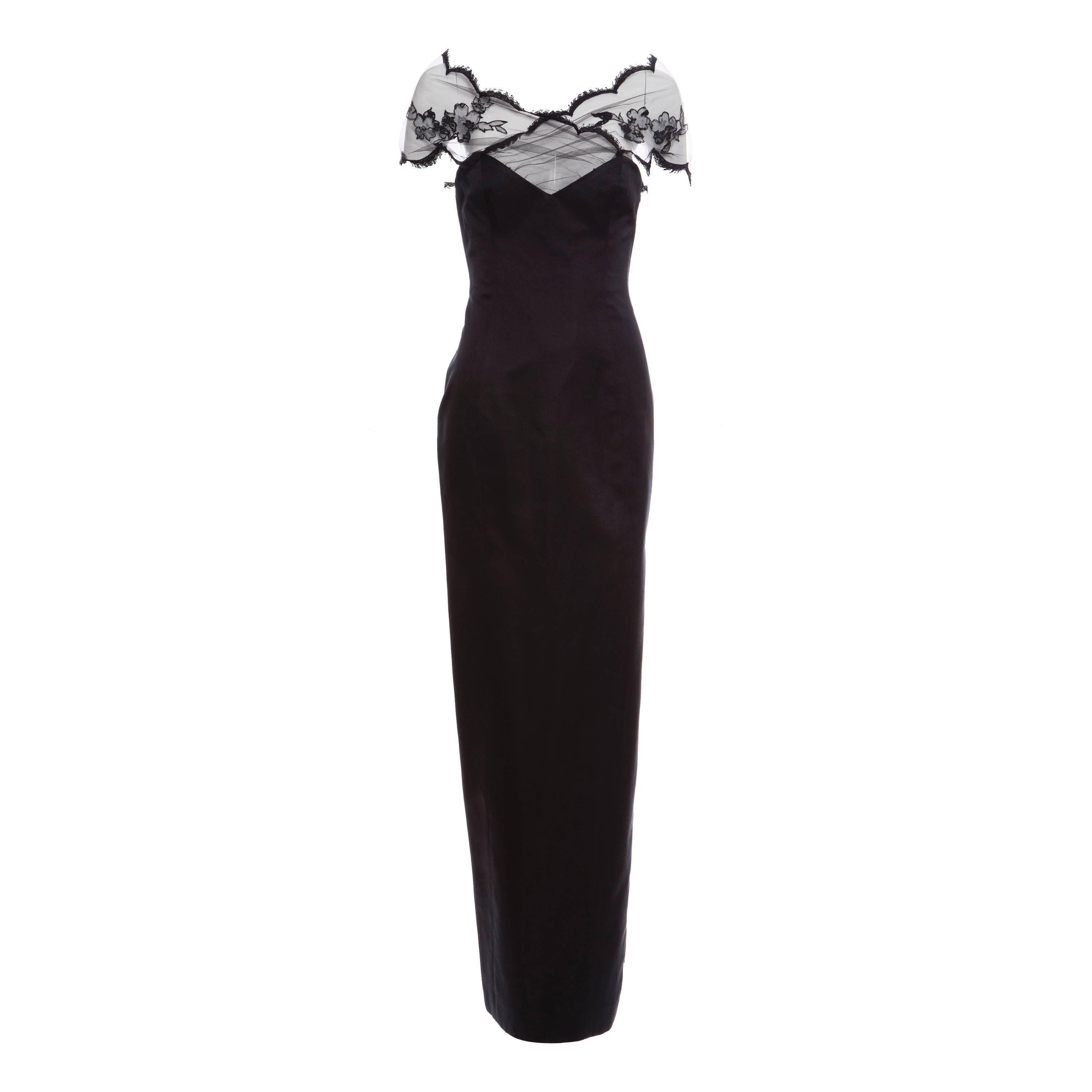 Richard Tyler Couture Black Satin Lace Evening Dress, Circa 1990's For Sale