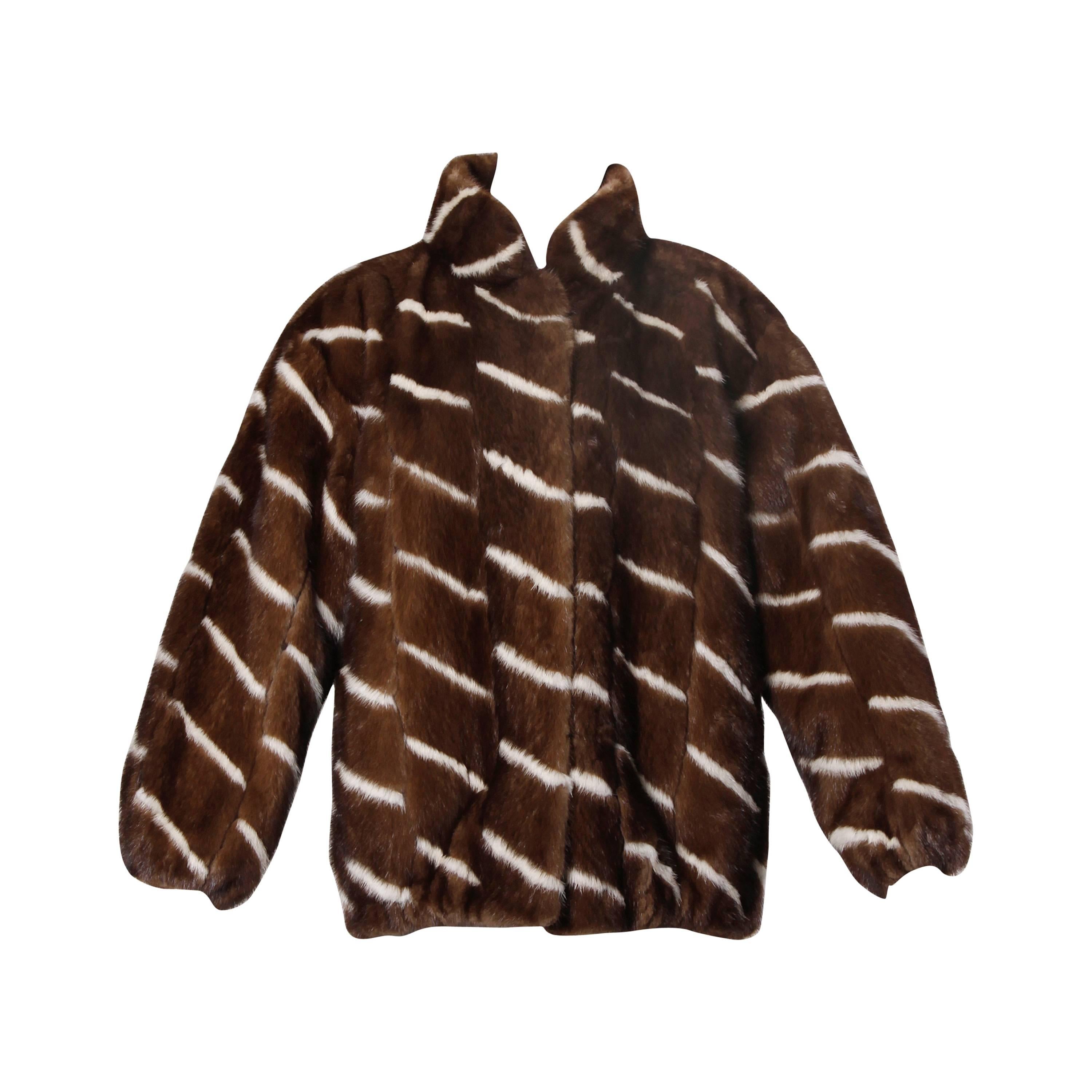 Vintage Brown + White Striped Mink Fur Jacket with Leather Lining