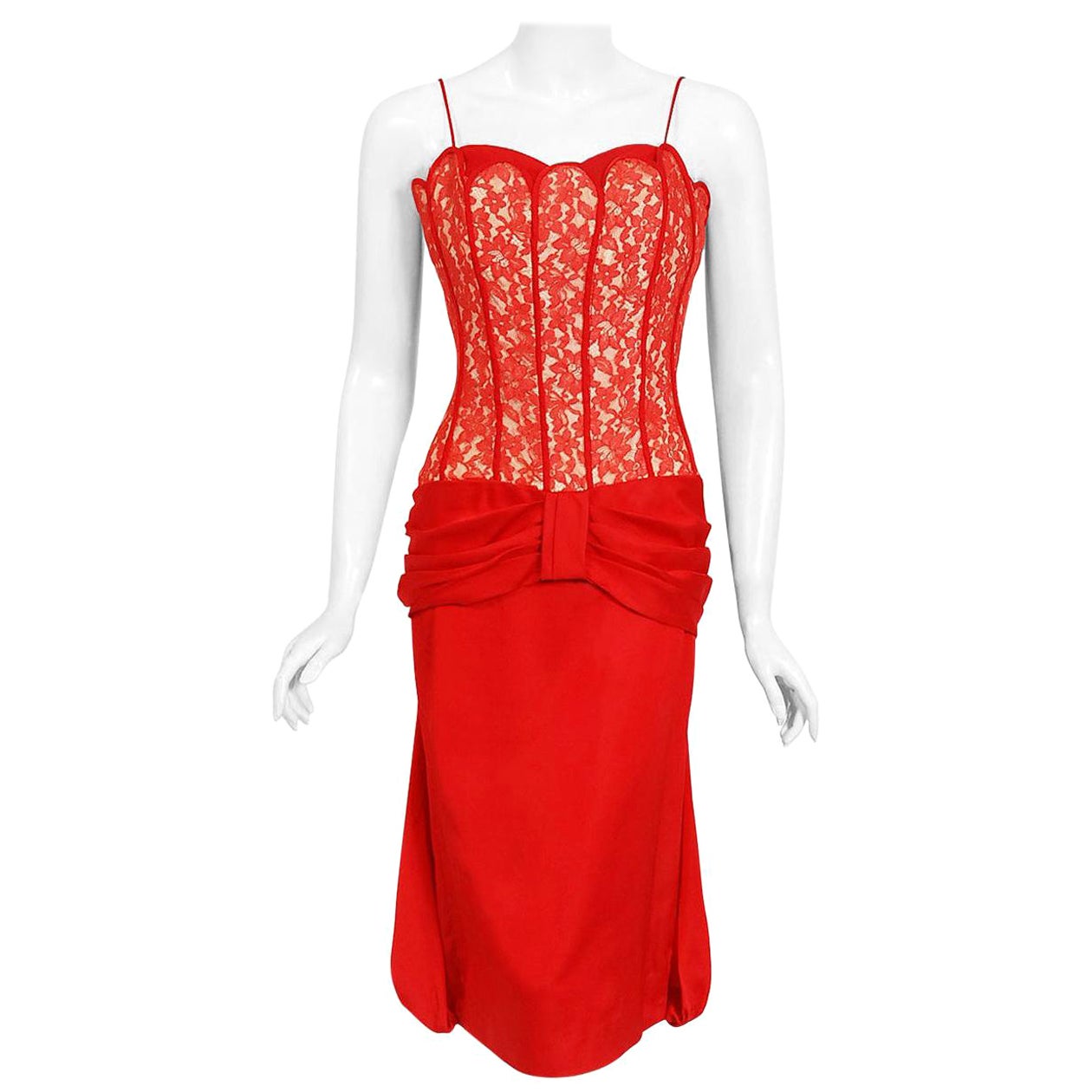Vintage 1950s Lilli Diamond Red Silk Lace Illusion Draped Hourglass Pin-Up Dress