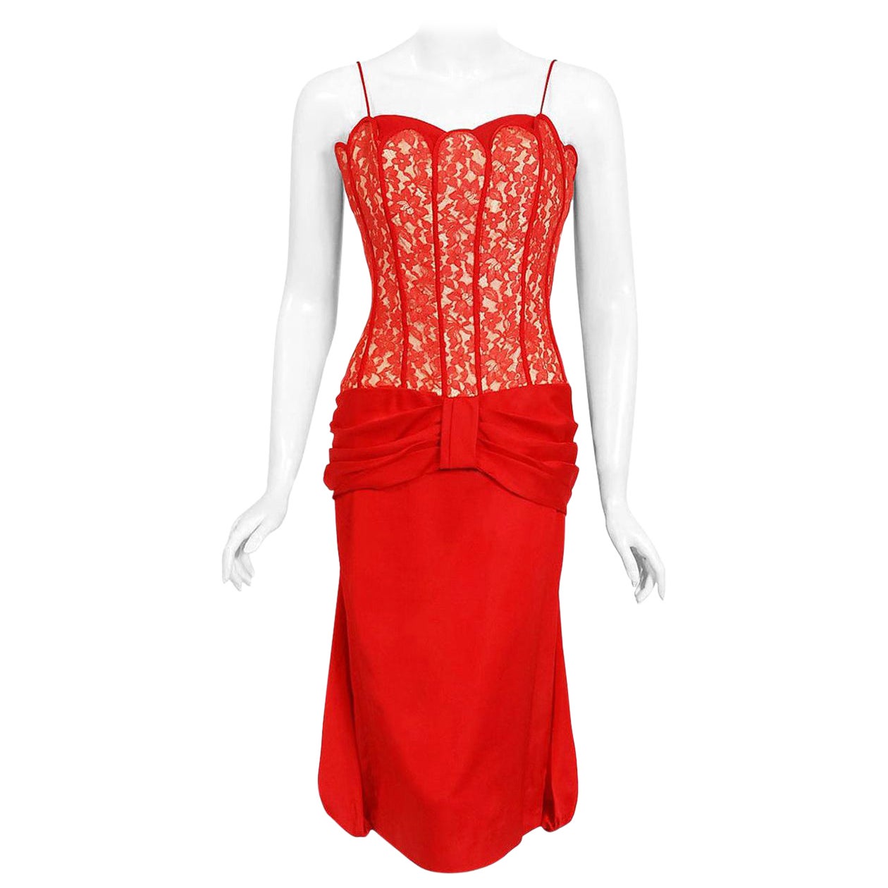 Vintage 1950s Lilli Diamond Red Silk Lace Illusion Draped Hourglass Pin-Up Dress