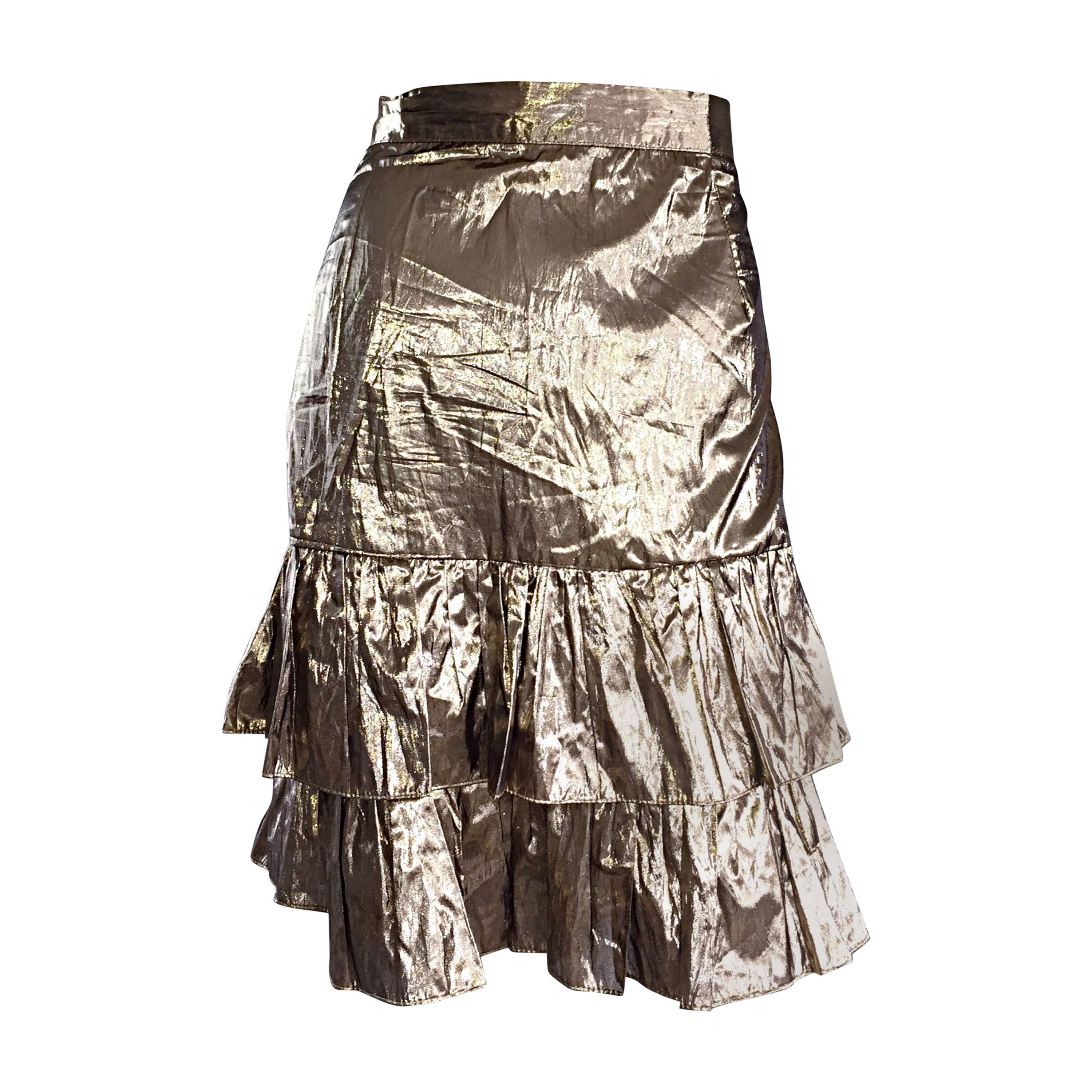 Amazing 1980s 80s Gold Metallic Vintage Tiered Pleated Ruffle Skirt