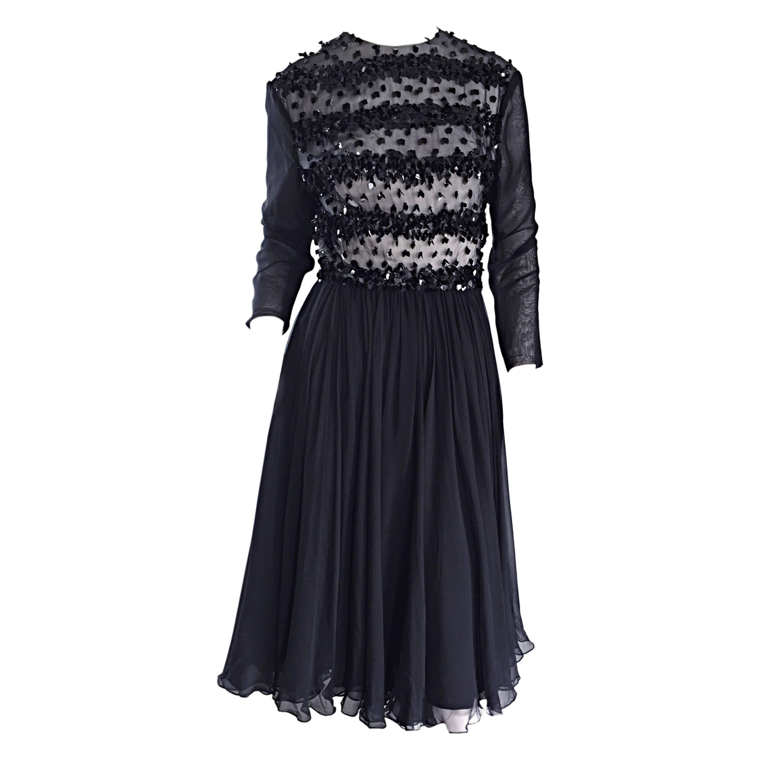 1960s Pat Sandler for Highlight 60s Black Chiffon Beaded Paillette Vintage Dress