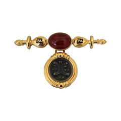 1980s Vintage Fendi Cabochon and Double Janus Head Coin Goldtone Pin 2