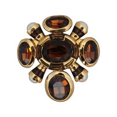 St. John Goldtone Smokey Topaz Colored Stone Brooch with Pearls 7