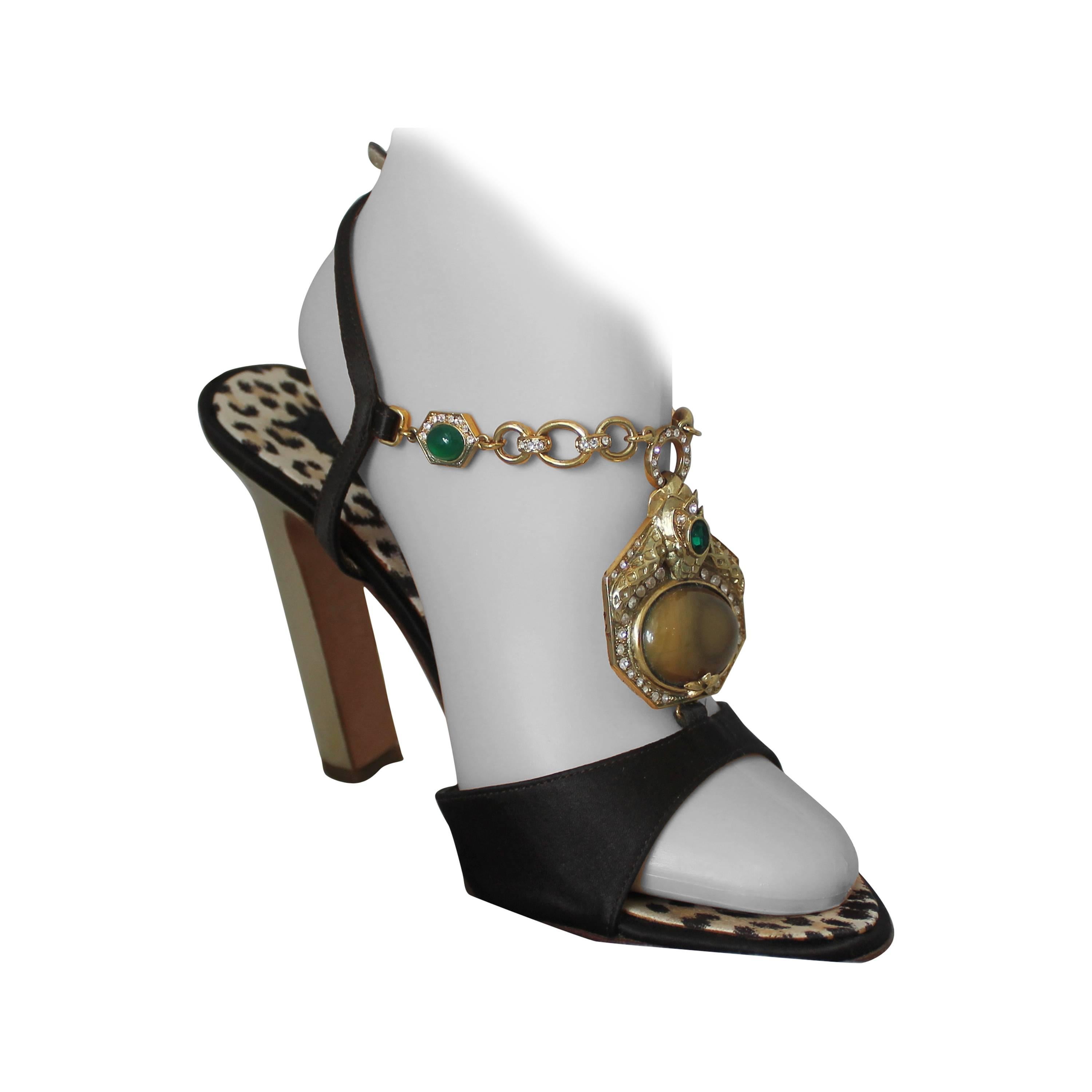 Roberto Cavalli Limited Edition Brown Silk Heels with Gold Chain & Pendant - 39