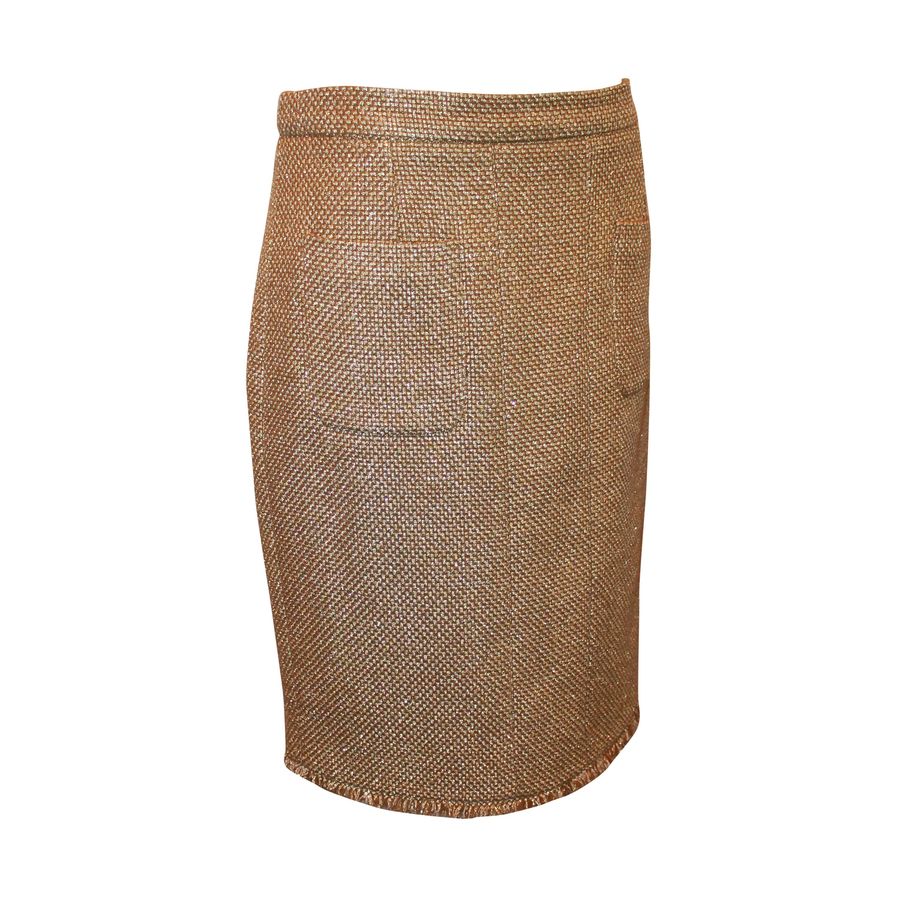 Chanel Metallic Gold Tweed Skirt with Fringe Trim & 2 Pockets  13C- NWT - 40