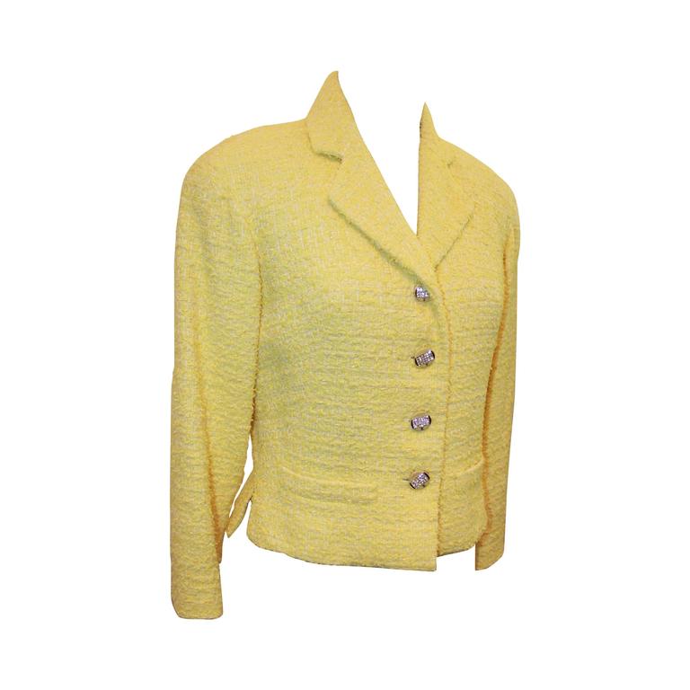 Chanel Yellow & Chartreuse Tweed Jacket with Enamel & Rhinestone Buttons -  40