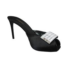 Louis Vuitton Black Satin Peep Toe Slide w/ Mirrored Bow - 40 4