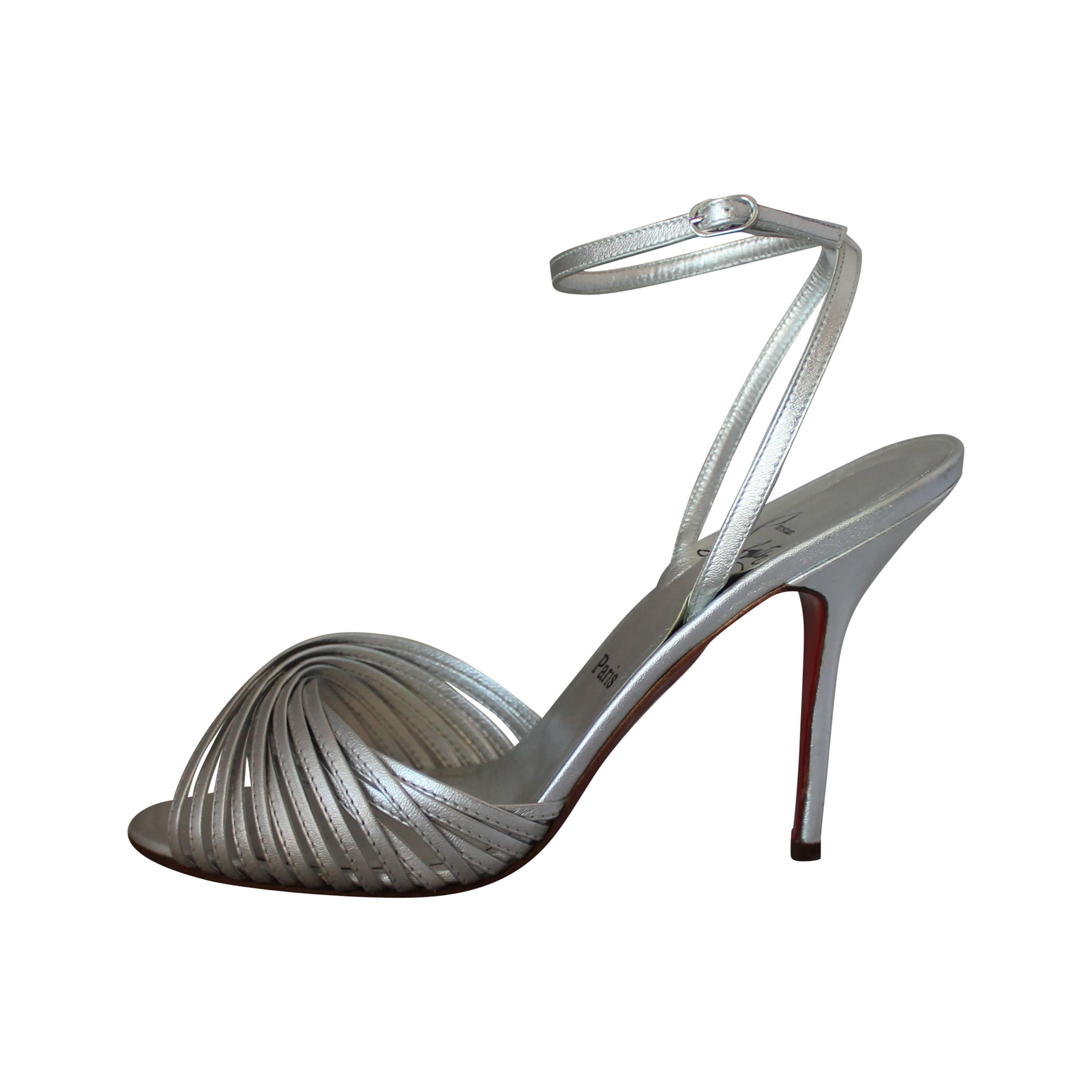 Christian Louboutin Silver Strappy Leather Sandal with Ankle Strap - 39.5