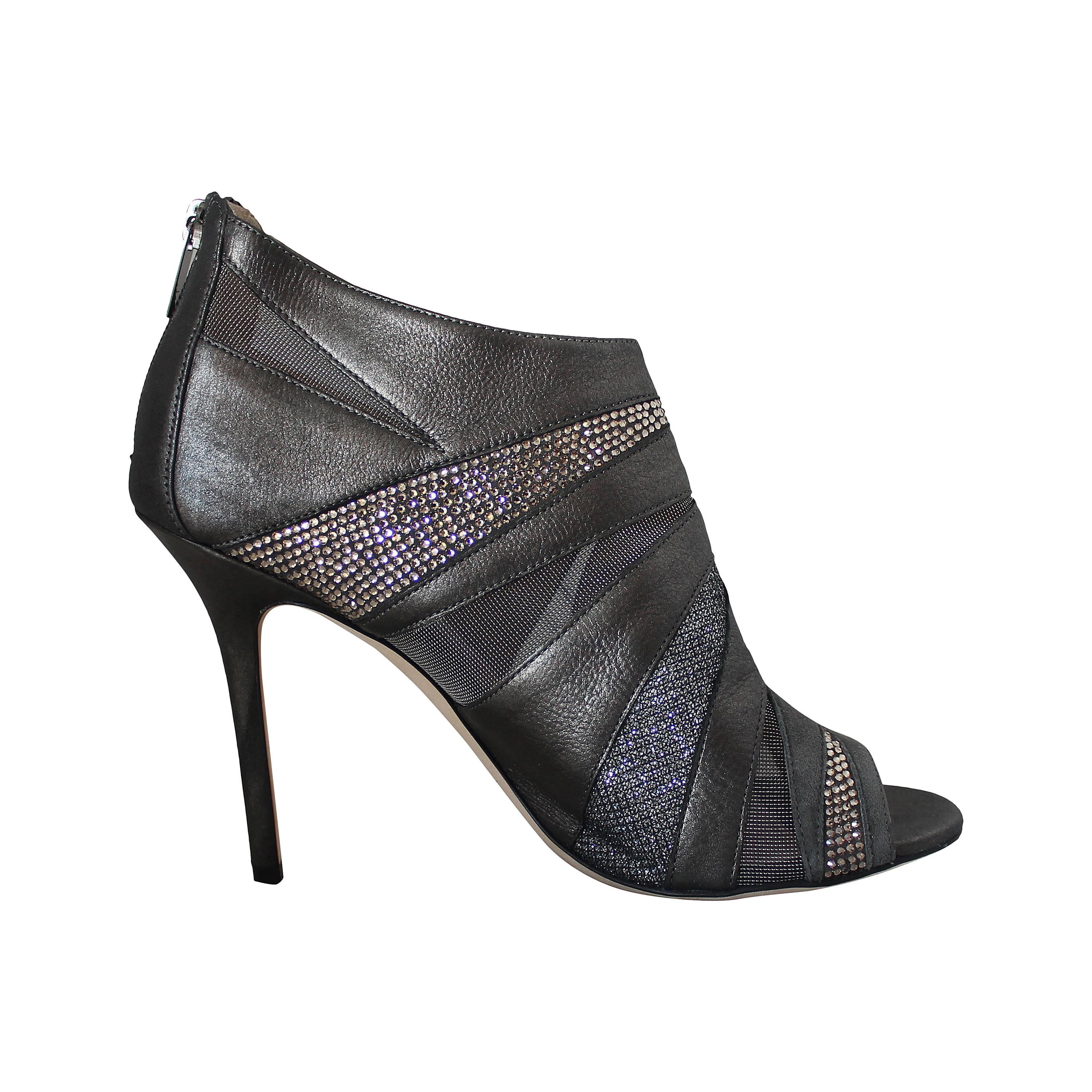 Jimmy Choo Gunmetal Leather 
Swarovski Crystal Peep Toe Booties - 40
