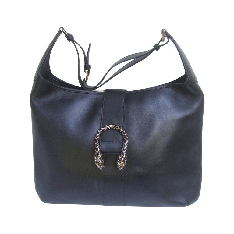 Gucci Italy Rare Ebony Leather Tiger Clasp Handbag at 1stdibs