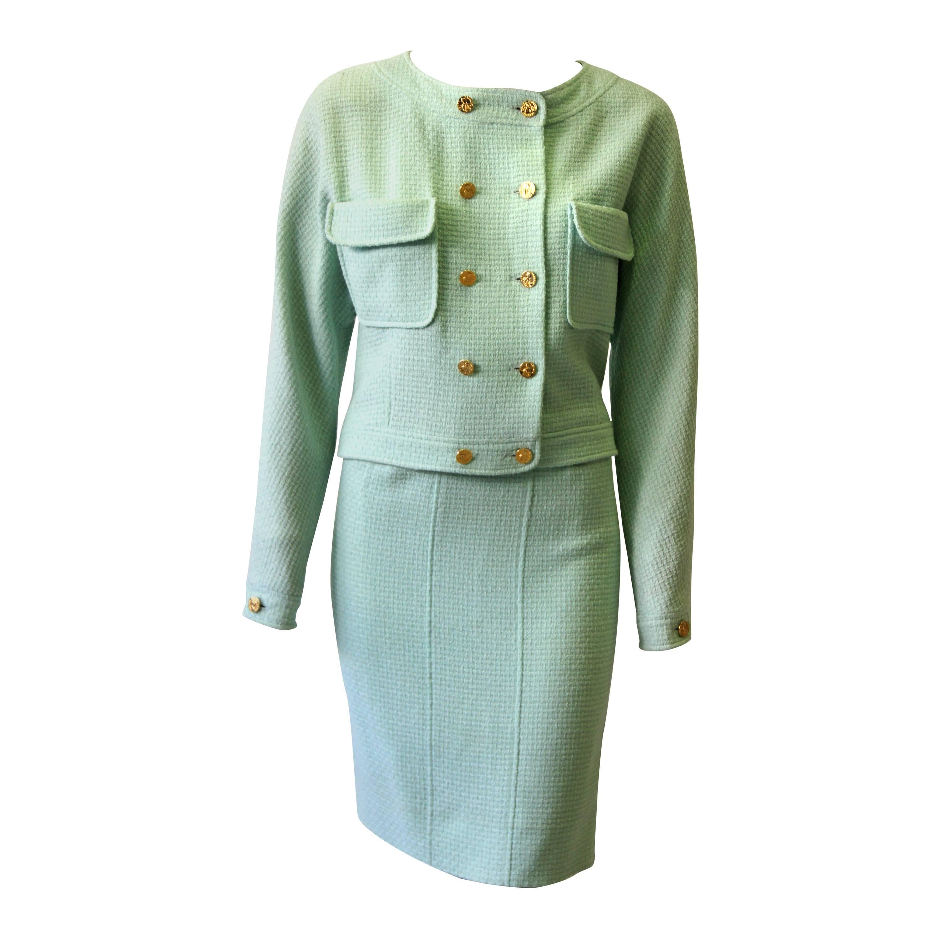 Chanel Mint Green Tweed Suit 1980's For Sale
