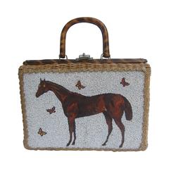 Glass Beaded Wicker Horse Theme Handbag c 1960