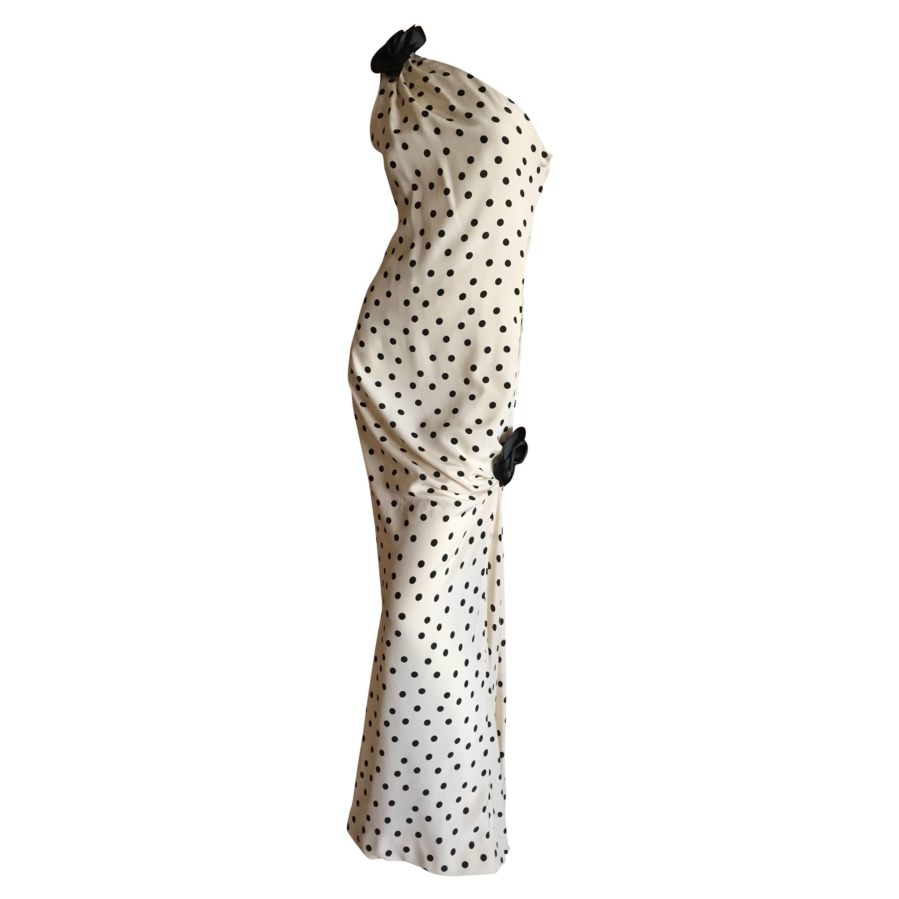 Adolfo 1970's One Shoulder Silk Polka Dot Dress
