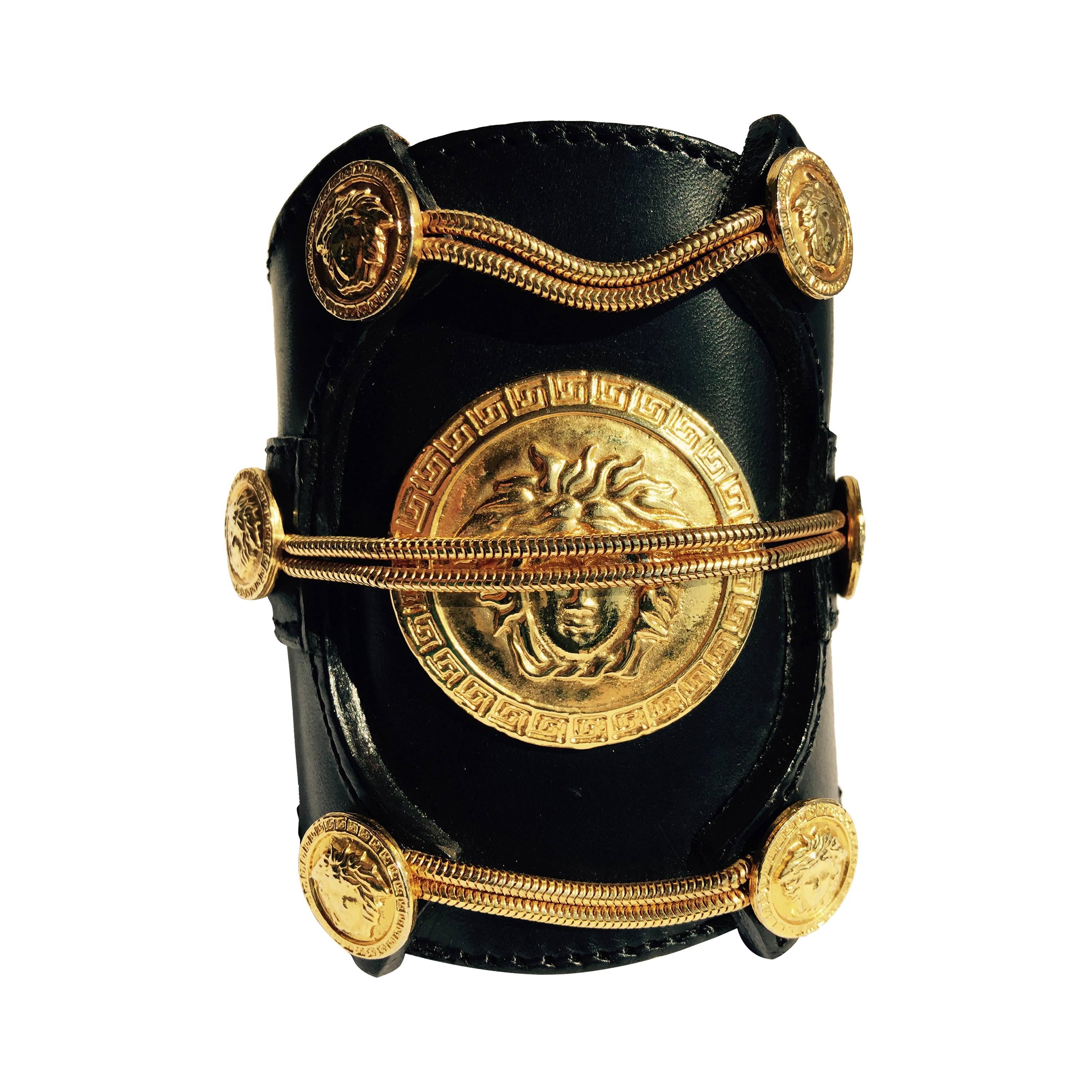 Huge Leather and Gilt Versace Couture Medusa Cuff.  1980's.  Super Rare.