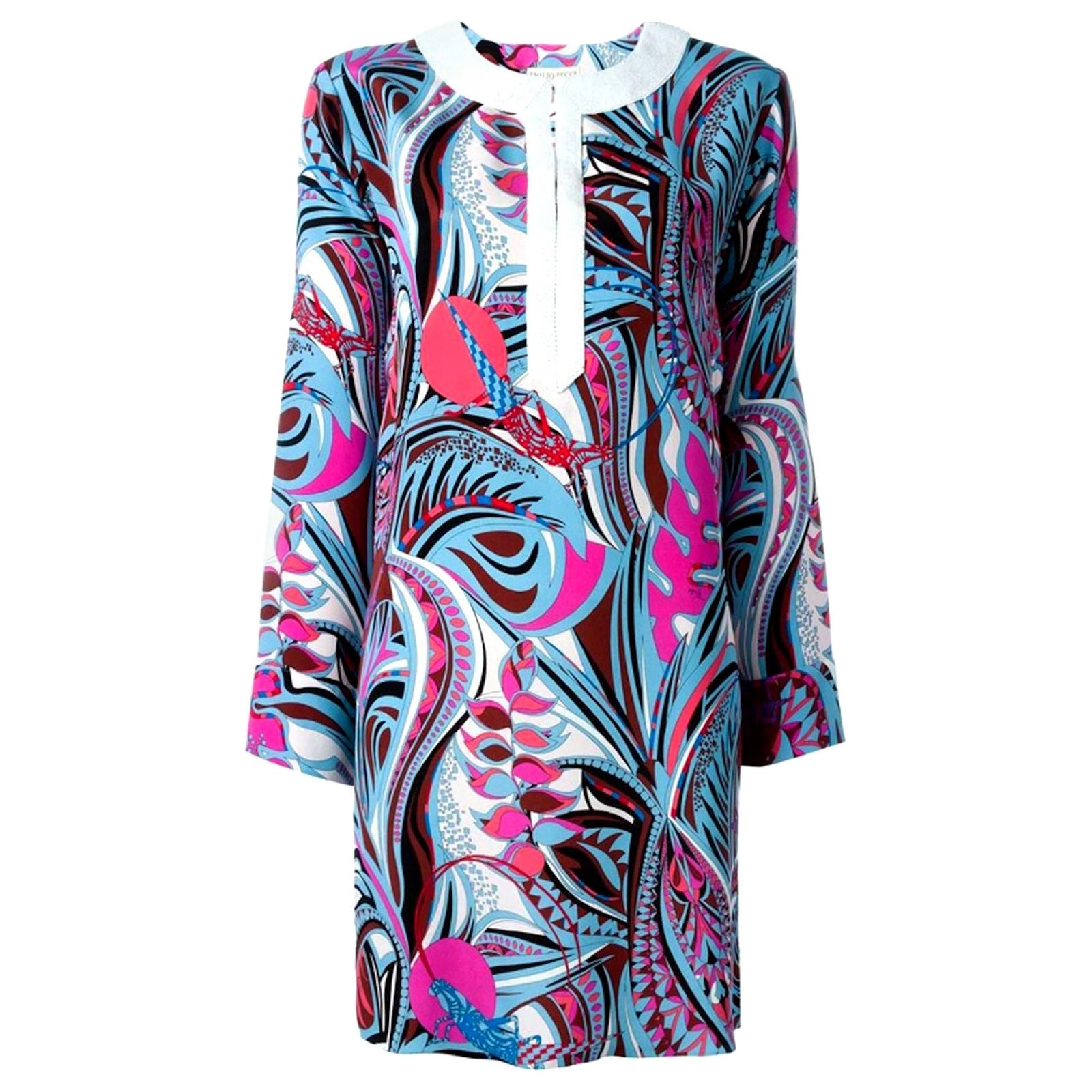 NEW Emilio Pucci Signature Print Embellished Cady Silk Tunic Kaftan Dress 44
