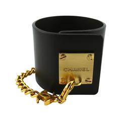 Chanel ID Tag and Chain Brown Leather Cuff Bracelet Printemps 2003