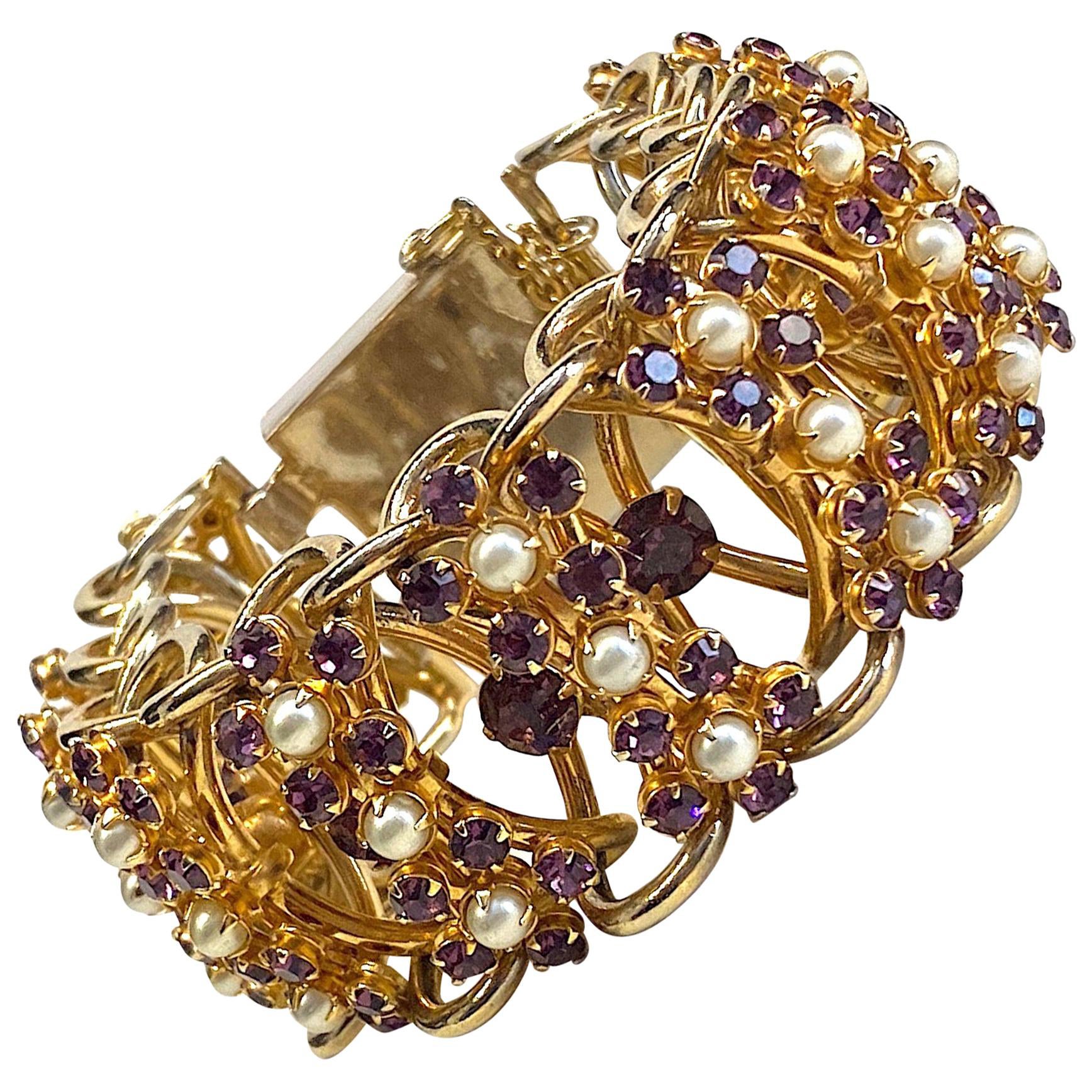 1950s Large Open Link and Purple Rhinestone and Pearl Bracelet For Sale
