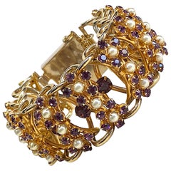 1950s Large Open Link and Purple Rhinestone and Pearl Bracelet