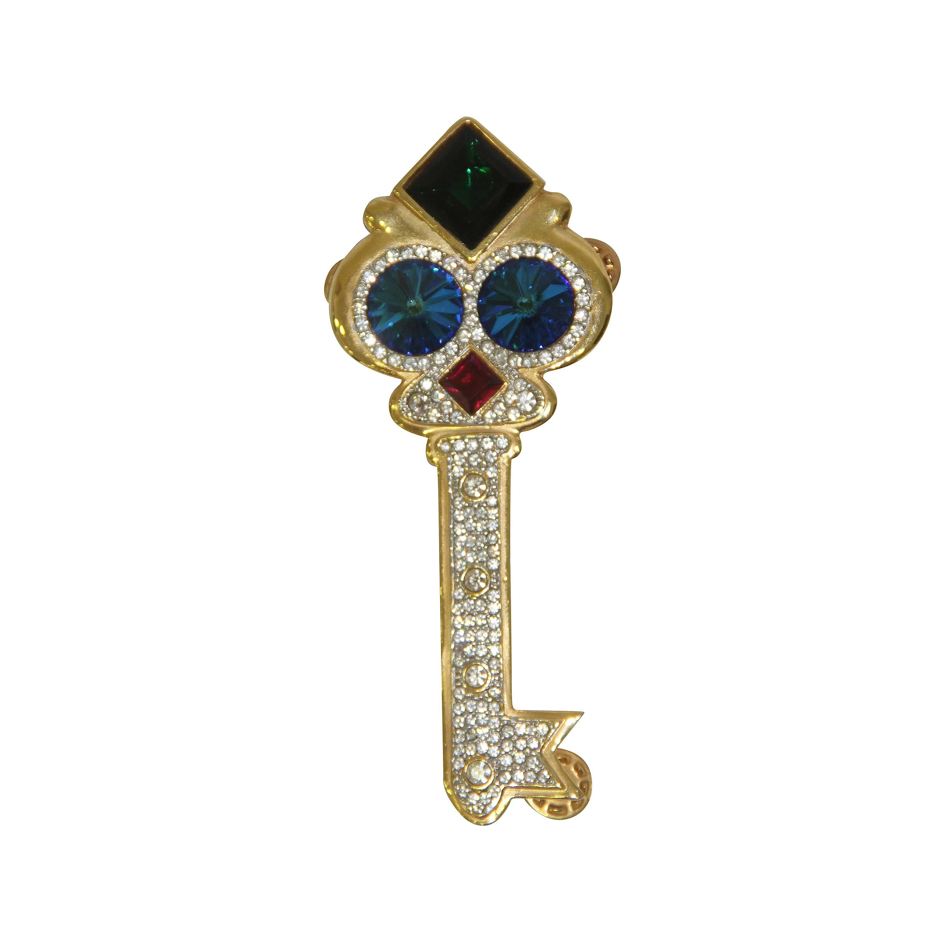 Rare Valentino Owl Key Jewelled Pin Brooch 1980's For Sale