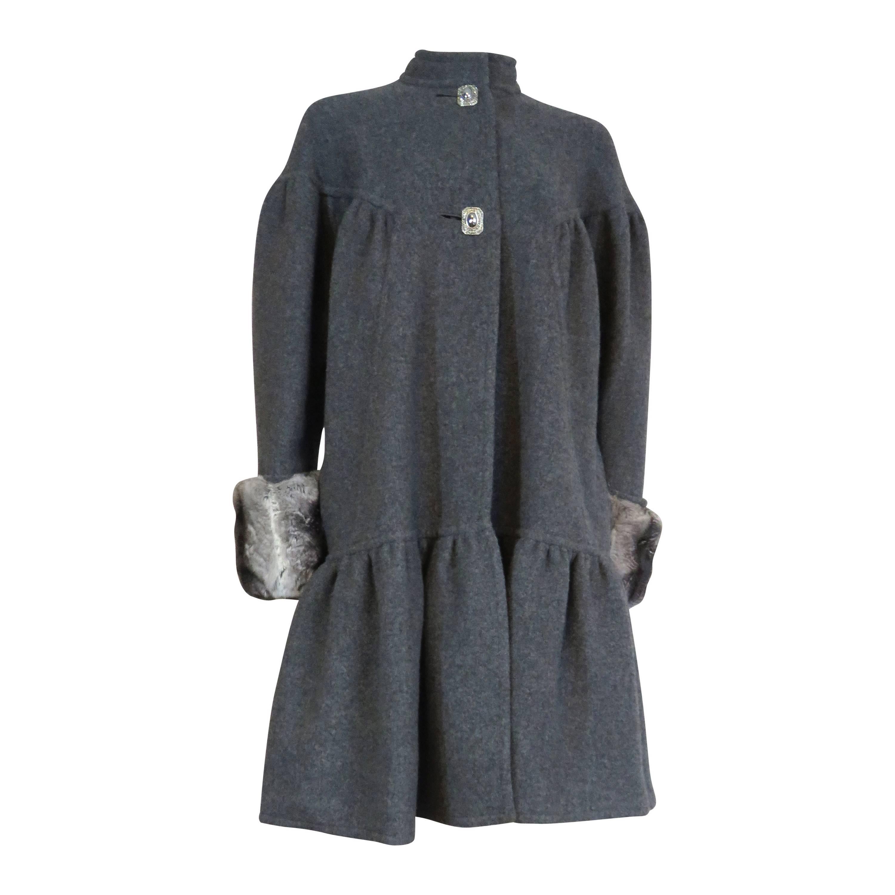 1980's GALANOS Chinchilla cuffed double-face wool coat For Sale