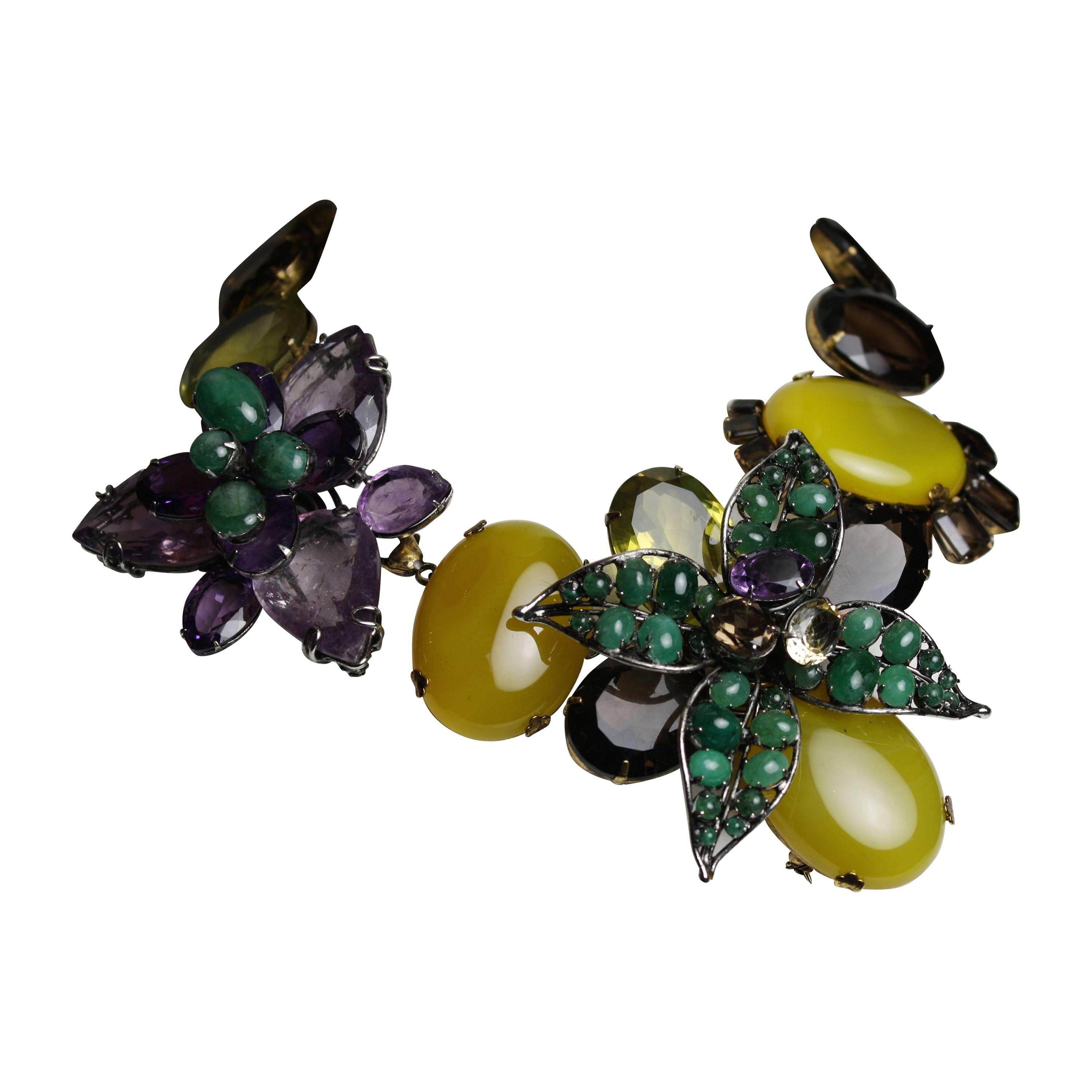 Iradj Moini Amethyst, Emerald, and Quartz Double Flower Choker Necklace