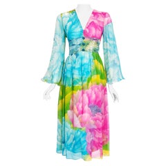 Vintage 1972 Hanae Mori Couture Beaded Floral Print Chiffon Angel-Sleeve Dress