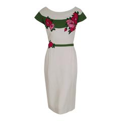 Vintage 1950's Jeanette Alexander Rose-Applique Floral Linen Belted Hourglass Sun Dress