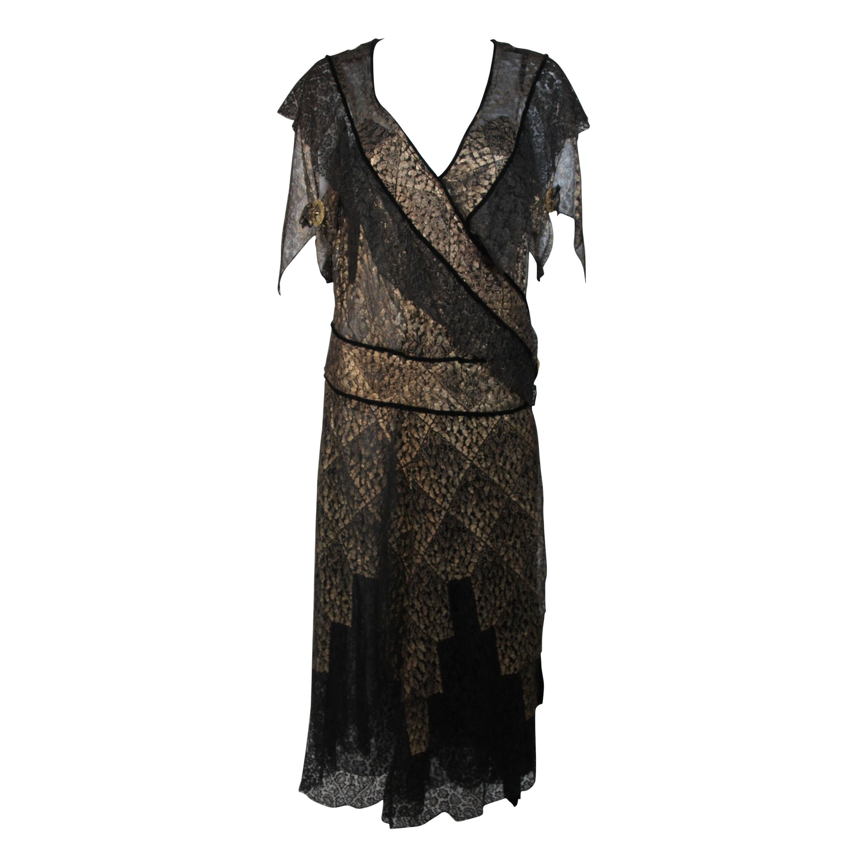 1920's Custom Black and Gold Lace Velvet Trimmed Draped Dress For Sale