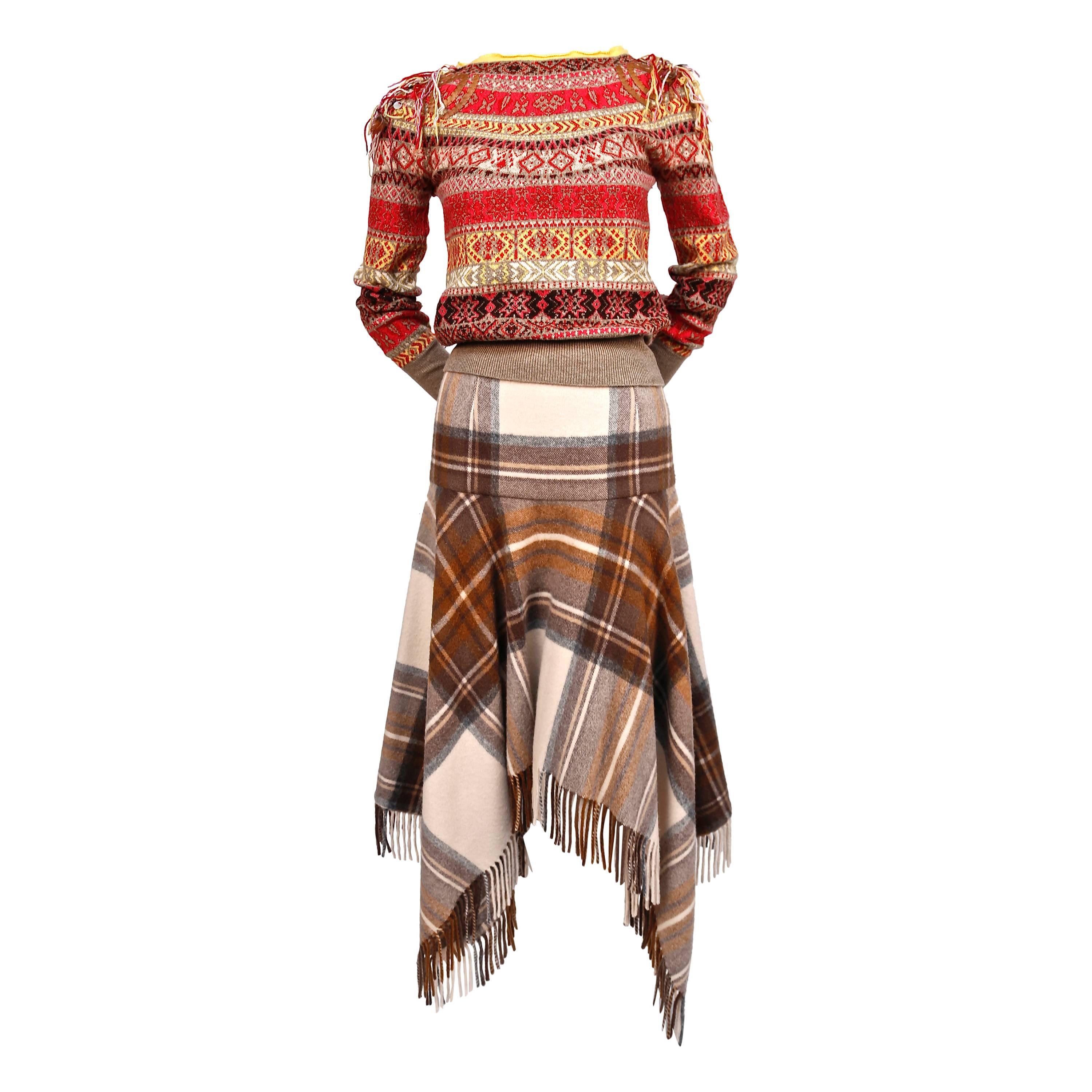 2005 ALEXANDER MCQUEEN runway fair isle sweater and tartan fringed skirt