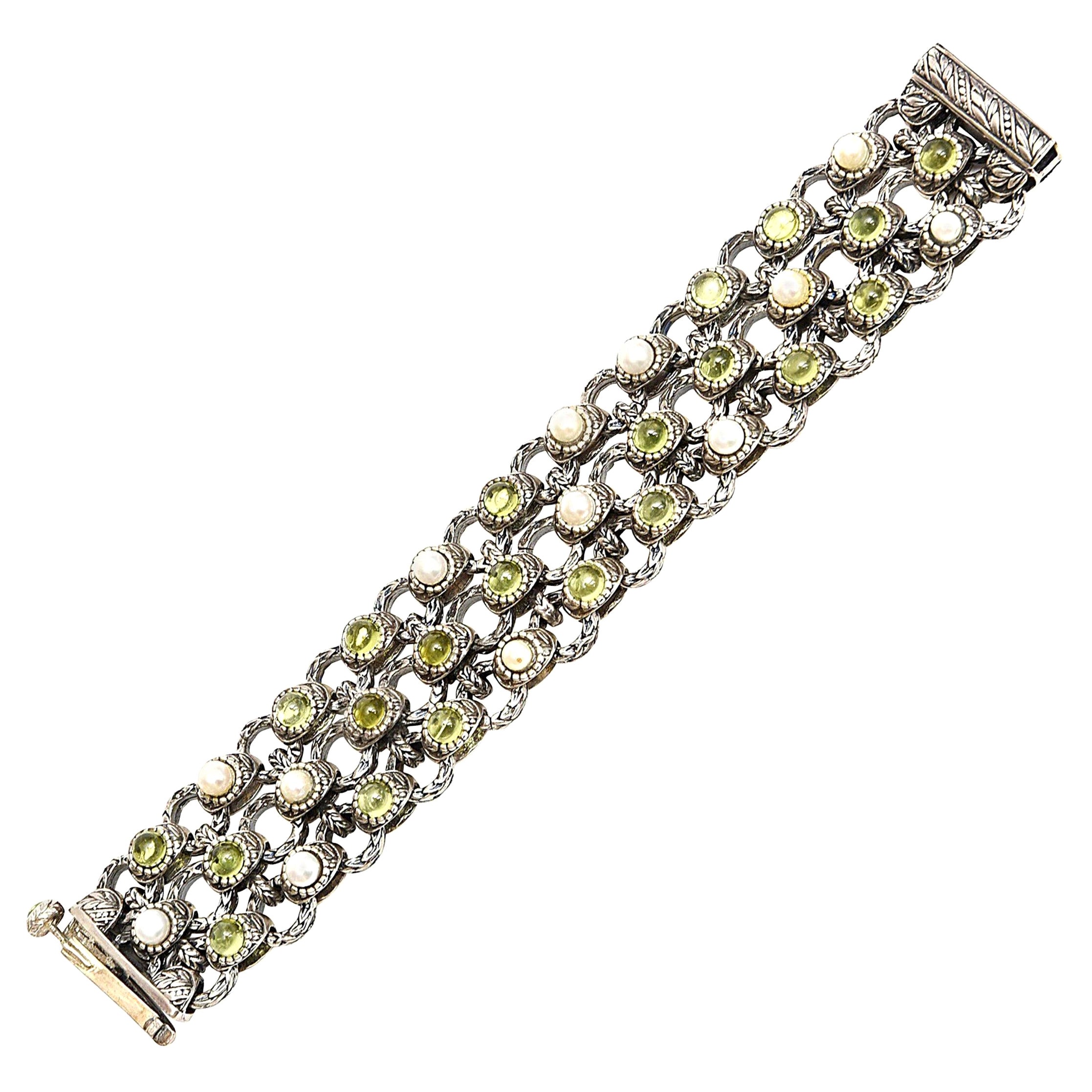 Peridot, Pearl and Sterling Silver 3 Row Custom Jeweler Designed Cuff Bracelet 