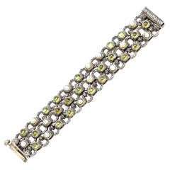 Vintage Peridot, Pearl and Sterling Silver 3 Row Custom Jeweler Designed Cuff Bracelet 