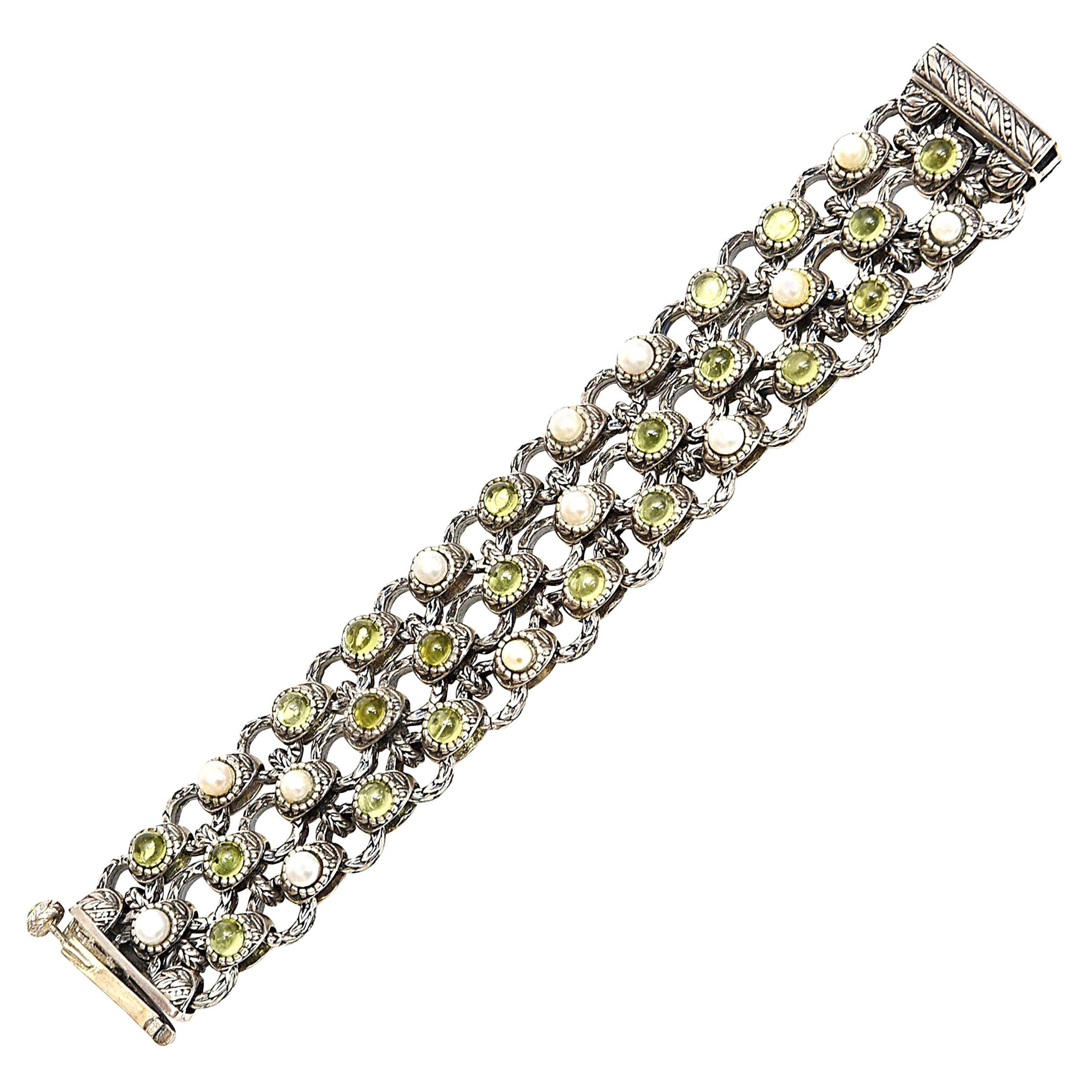 Peridot, Pearl and Sterling Silver 3 Row Custom Jeweler Designed Cuff Bracelet