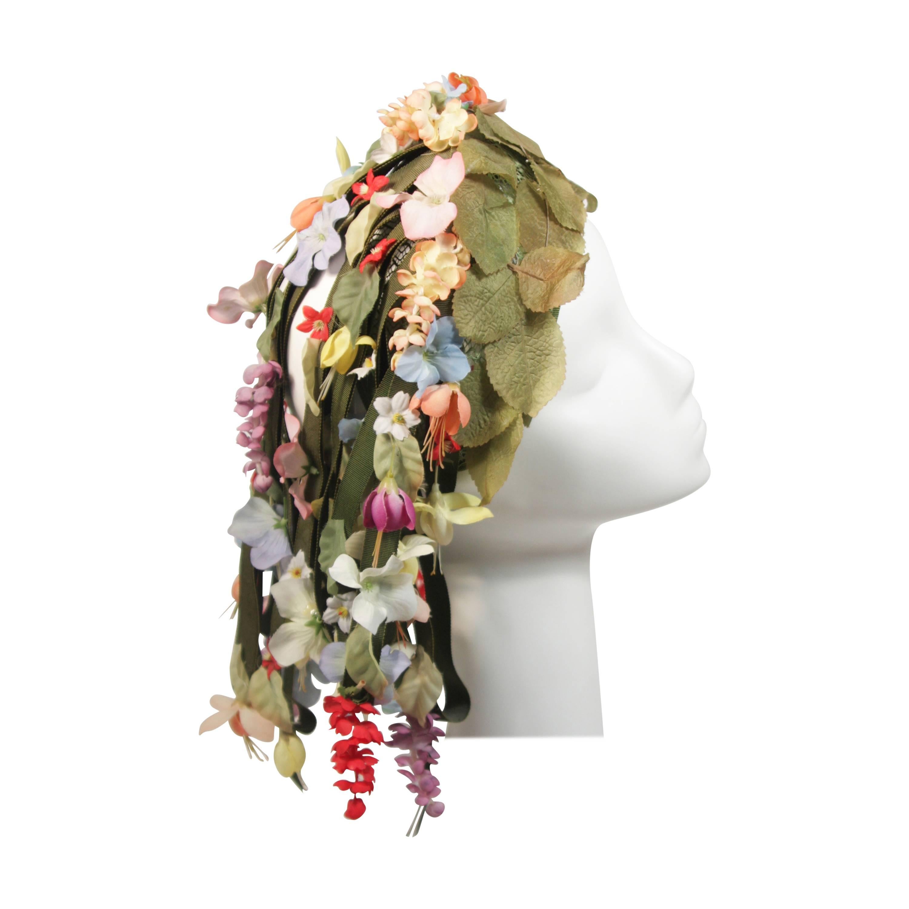 Jack McConnell Cascading Floral Hat with Green Ribbons