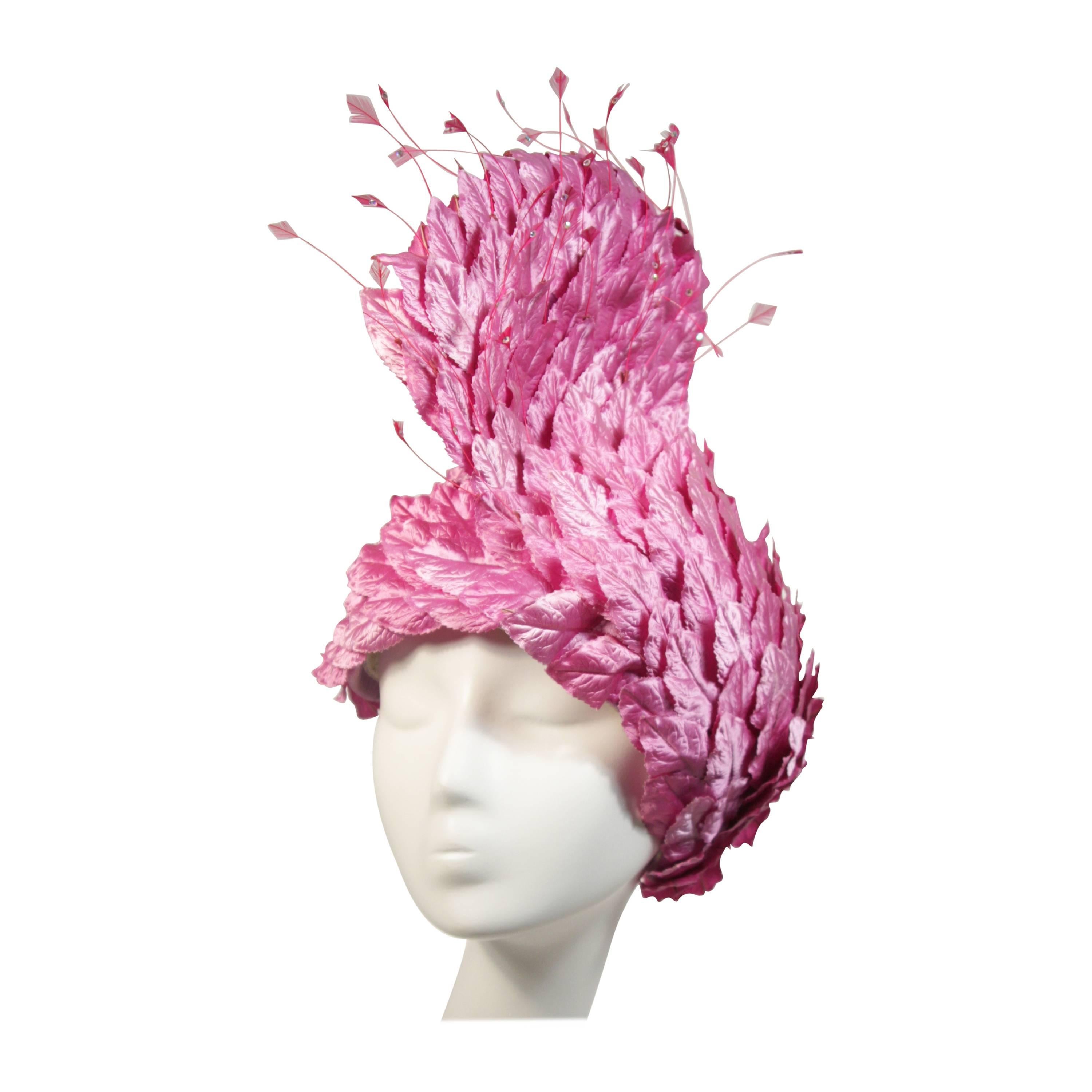 Jack McConnell Pink Leaf Hat with Rhinestones and Feathers Excellent Condition