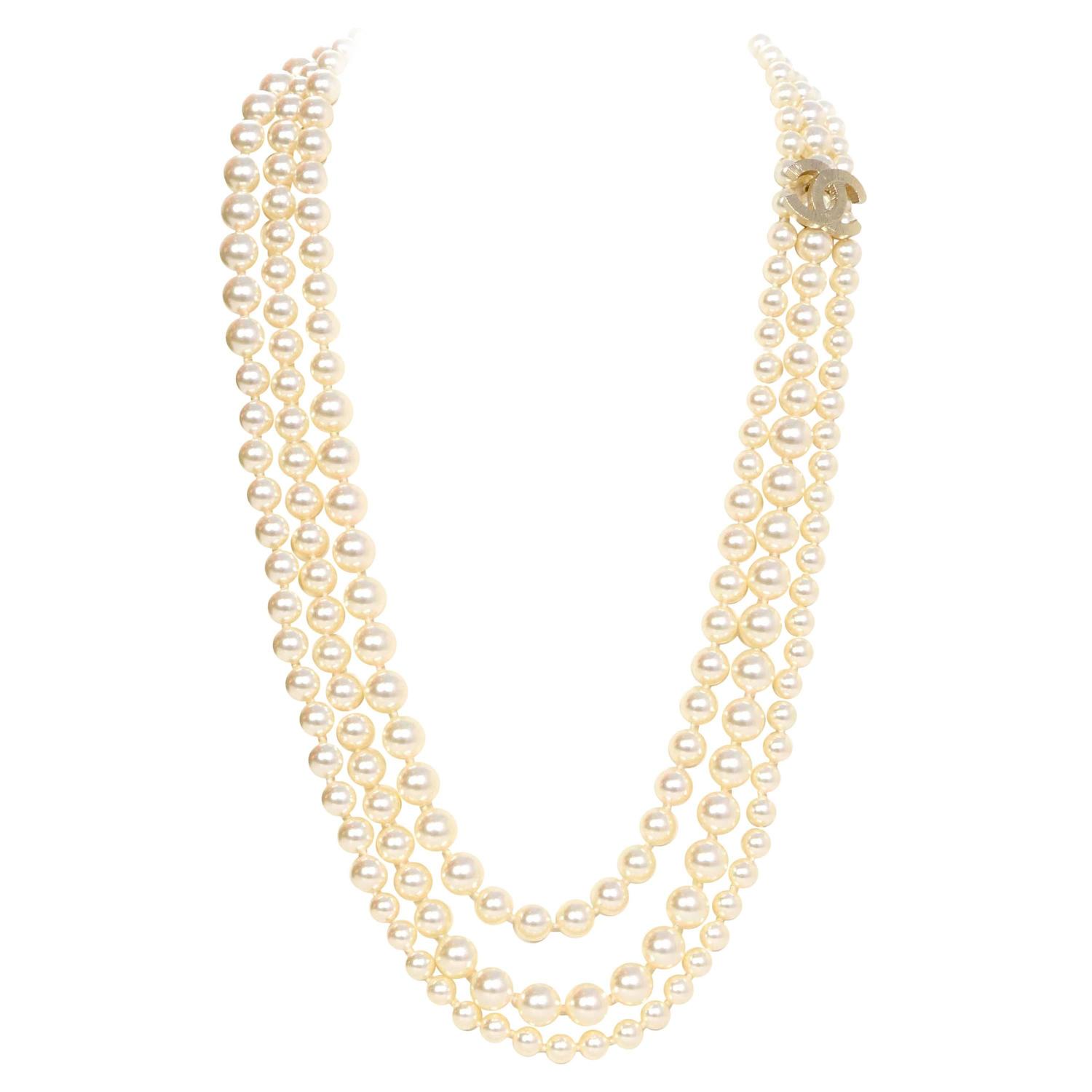 Chanel ThreeStrand Graduated Pearl Necklace at 1stdibs