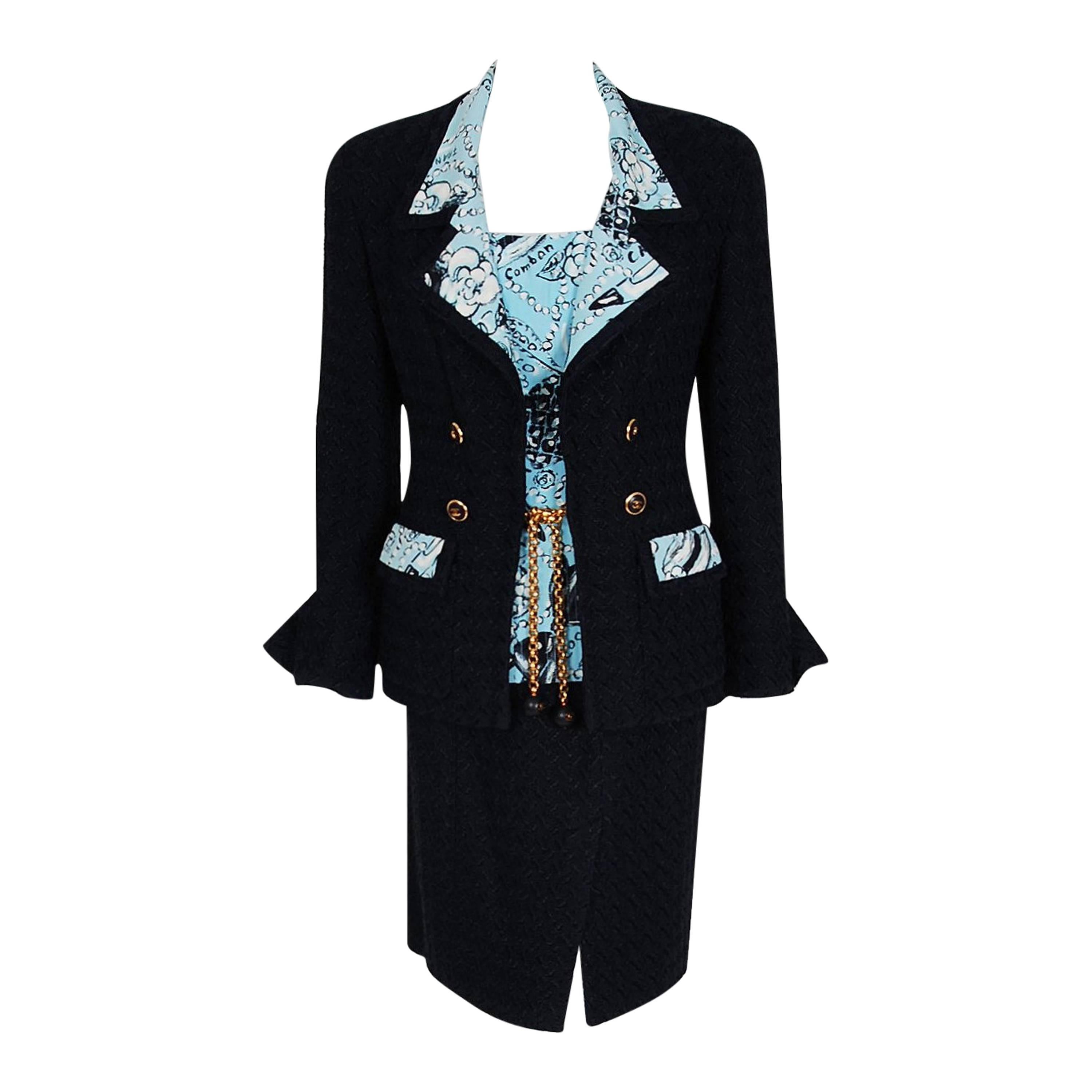 1993 Chanel Runway Black Boucle Wool & Novelty Print Silk 3-Piece Jacket Suit