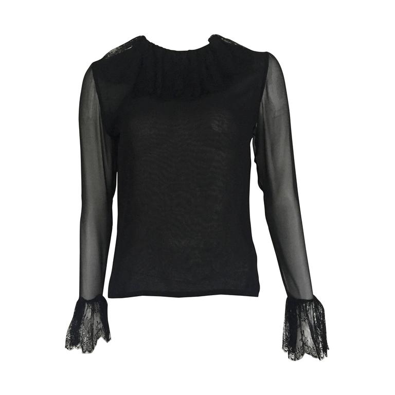 Bill Blass for Saks Black Sheer Silk and Lace Blouse Size 4 For Sale at ...