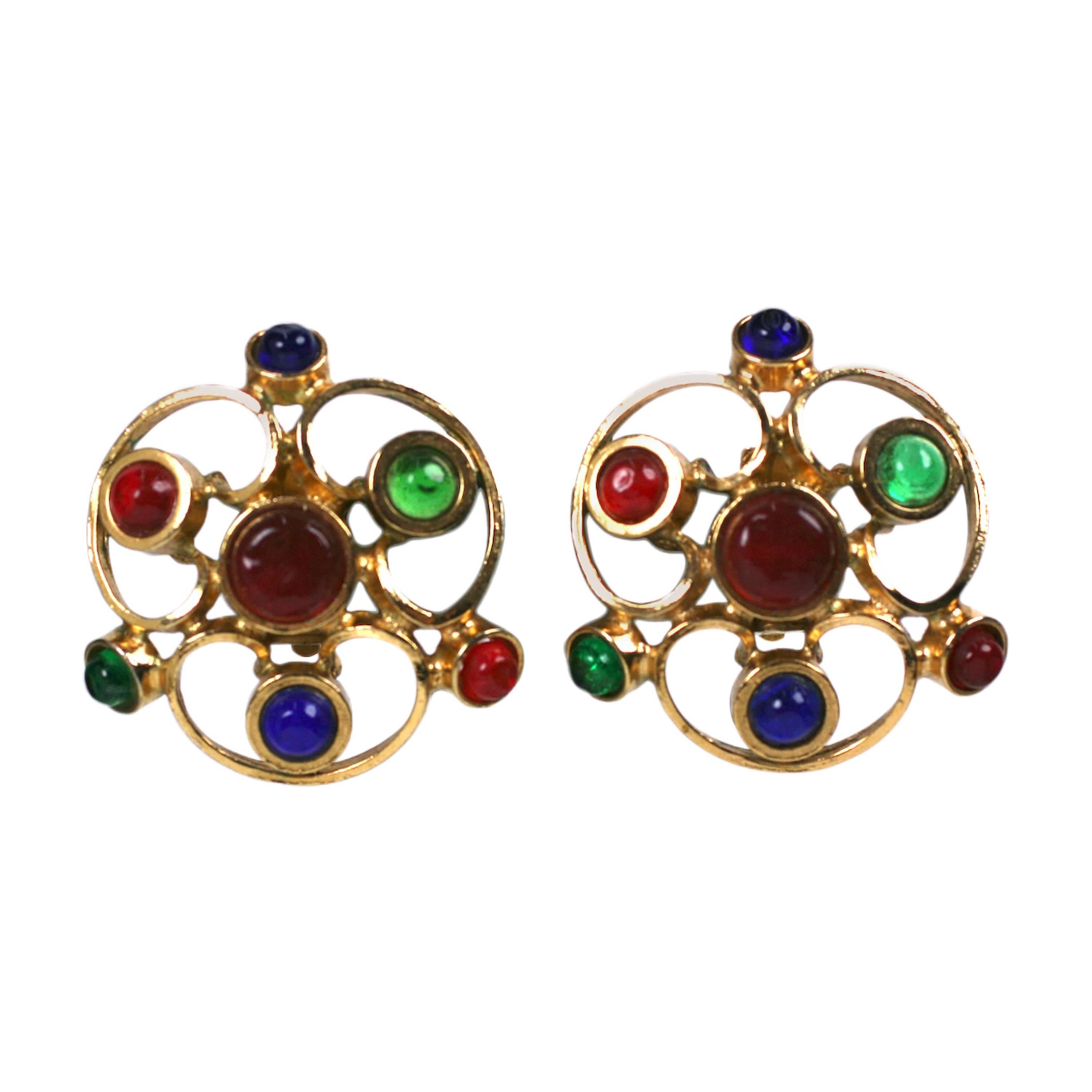  Maison Gripoix for Chanel Large  Medieval Trefoil  Poured Glass   Earclips For Sale