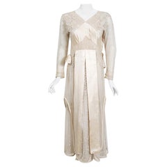 Antique 1910's Edwardian Couture Ivory Mixed-Lace Draped Layered Bridal Dress