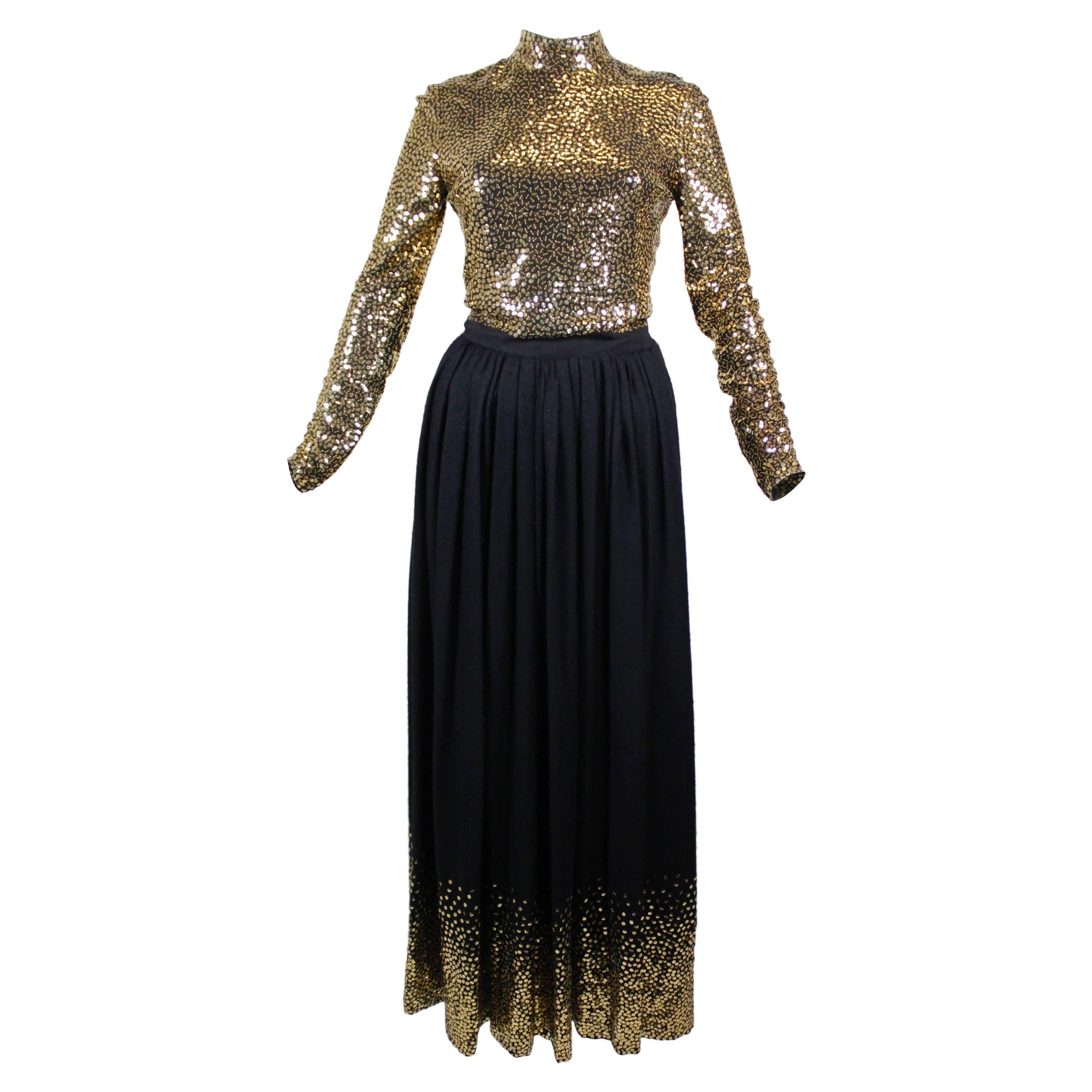 1970s Norell Evening Gown with Gold Sequin Embellishment For Sale