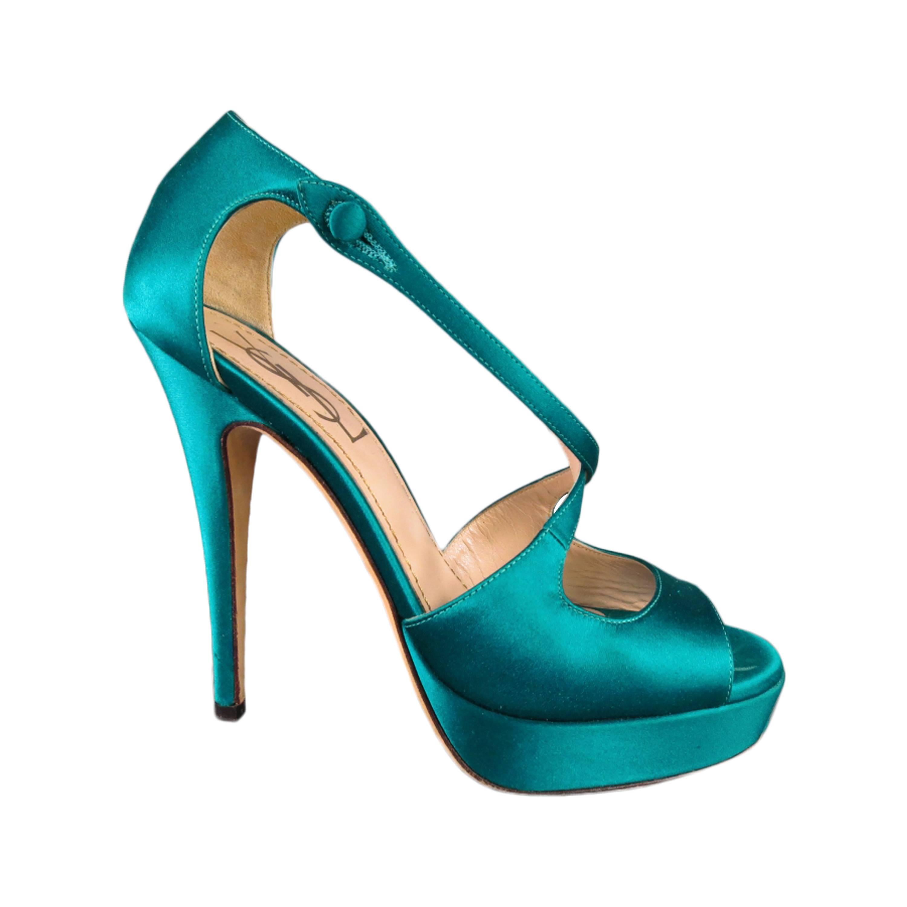 YVES SAINT LAURENT Size 6 Turquoise Silk Cross Strap -TRIBUTE 105- Sandals
