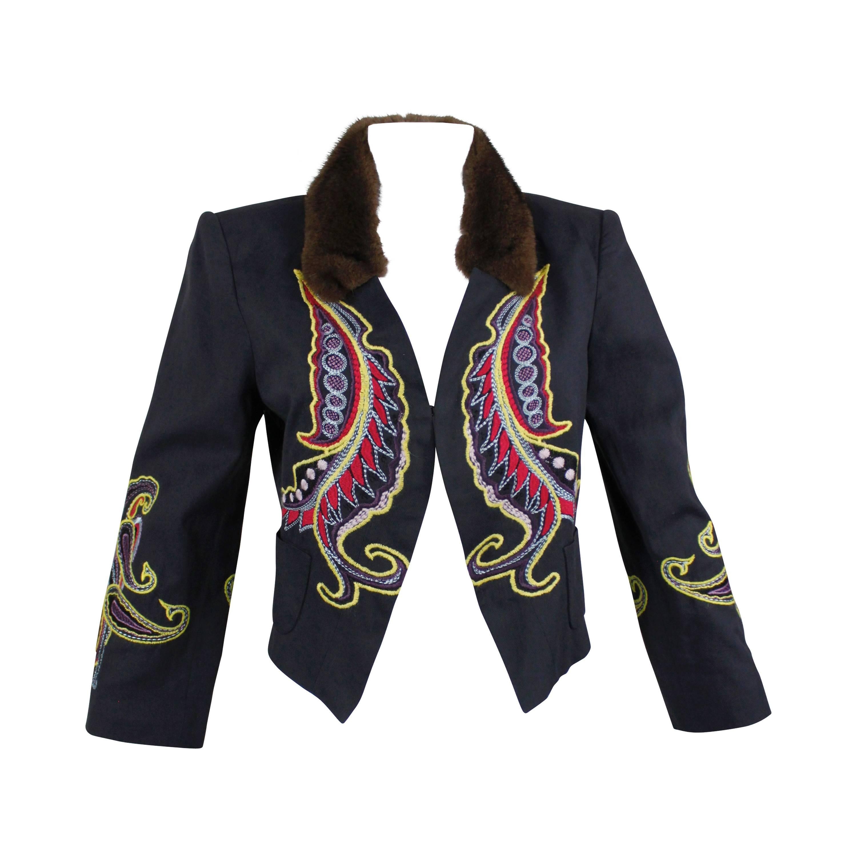 Christian Lacroix Navy Embroidered Cotton Jacket with Fur Collar For Sale