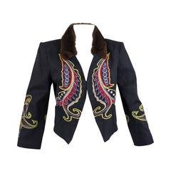 Vintage Christian Lacroix Navy Embroidered Cotton Jacket with Fur Collar