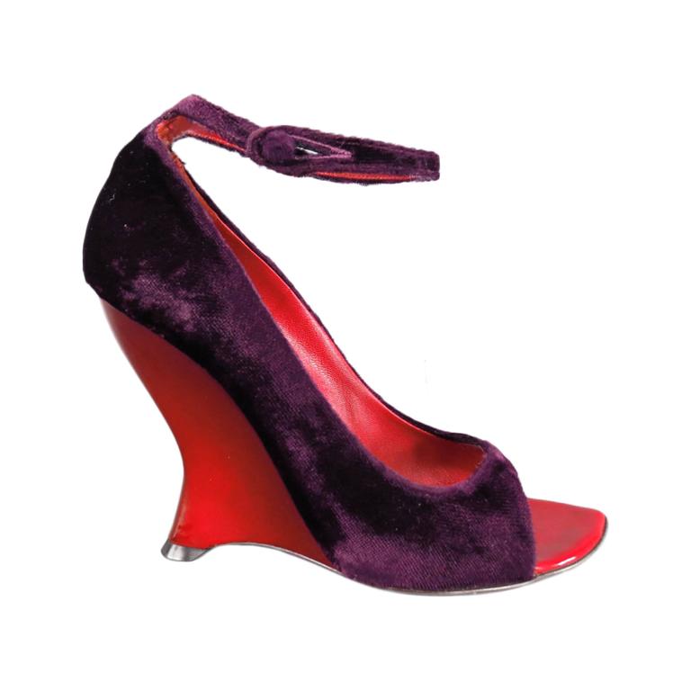 YVES SAINT LAURENT Size 6 Purple Velvet Peep Toe Curved Red Wedge ...
