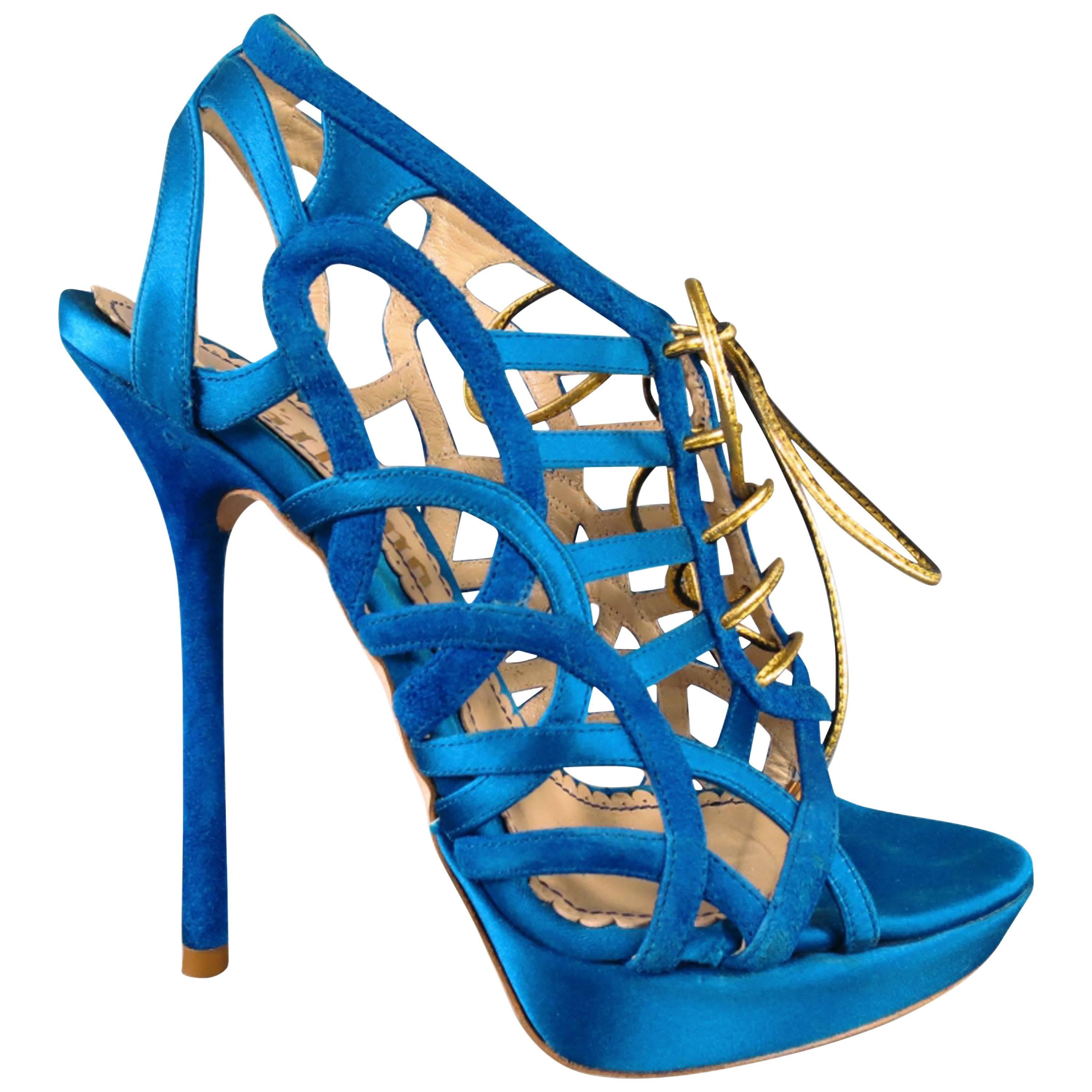 John Galliano Aqua Blue Silk and Suede Platform Gold Lace Up Platform Sandals