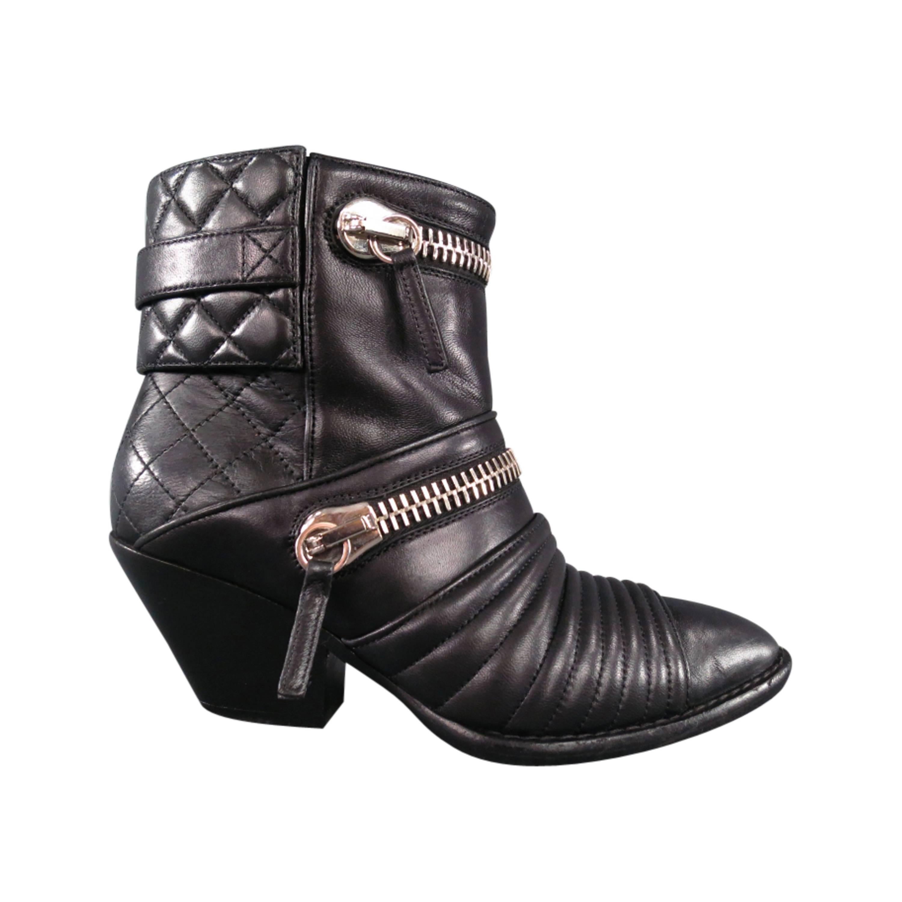 GIUSEPPE ZANOTTI Size 6.5 Black Leather Zip Detail Quilted Ankle Boots