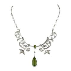 Antique White Gold, Diamonds and Peridot Necklace - 1920s