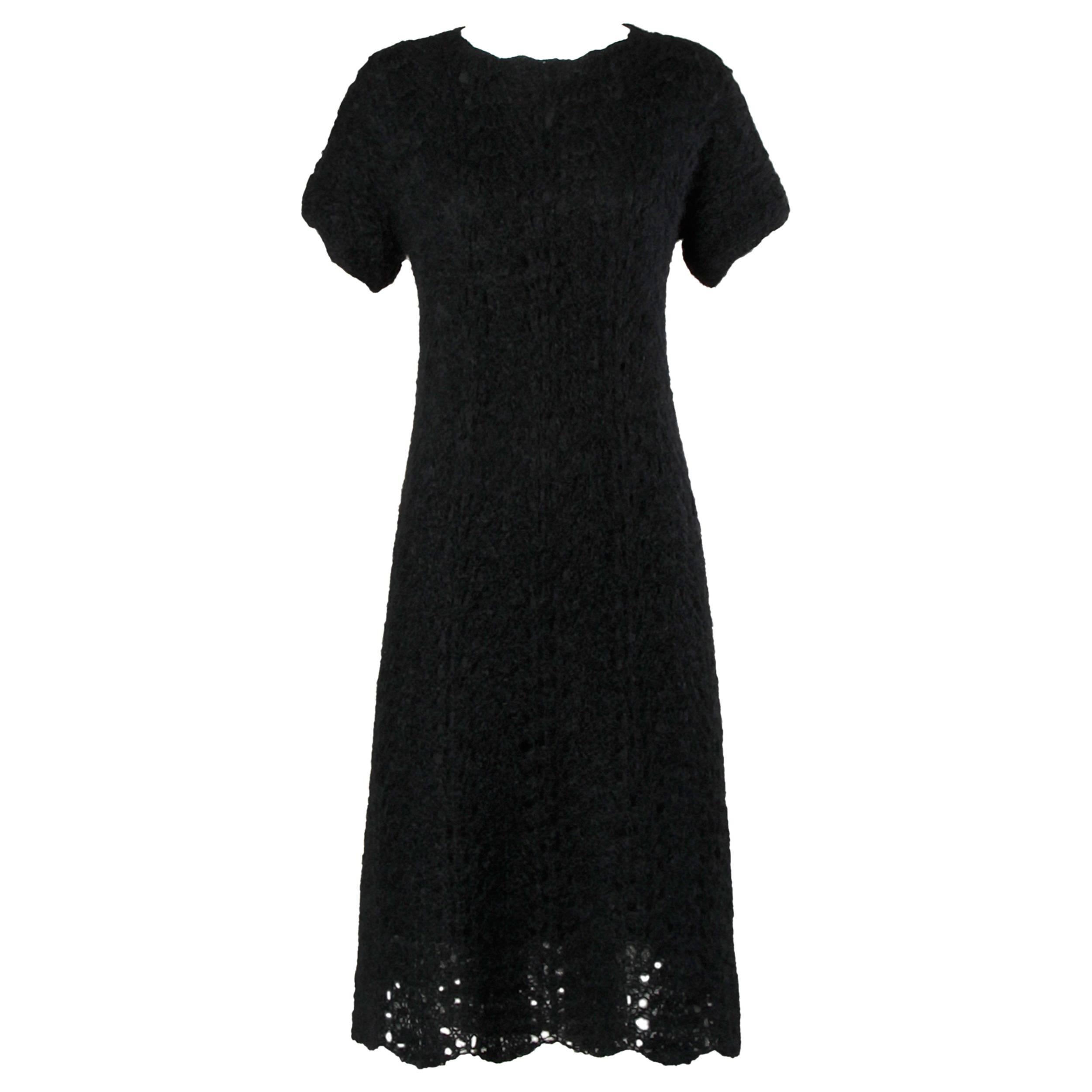 1960s Black Hand Crochet Italian Wool Dress For Sale