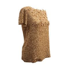 Oscar de la Renta Gold Sequin & Silk Top w/ Floral Fringe - 8